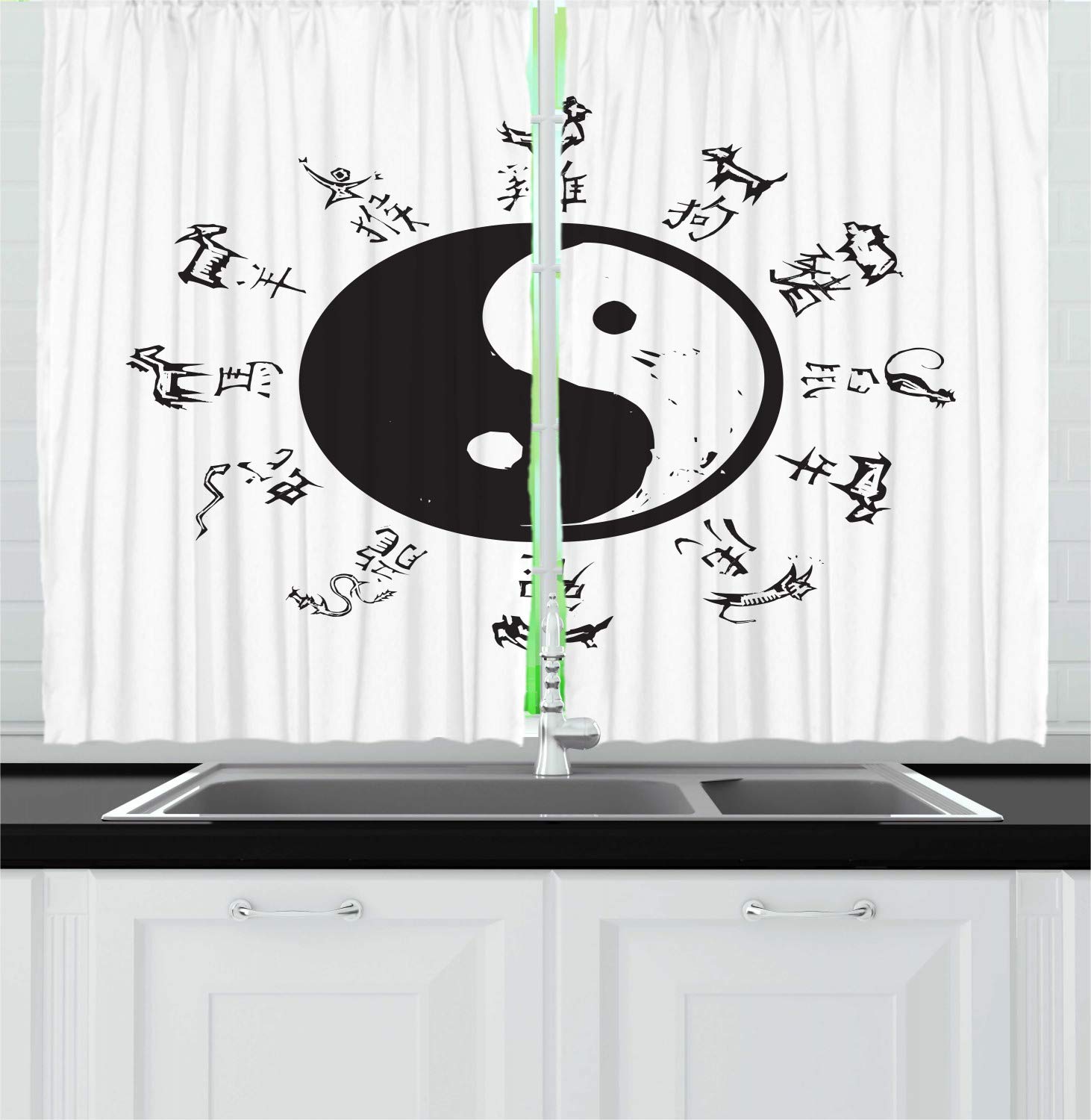 Ambesonne Ethnic Kitchen Curtains Set of 2 Panels - Yin Yang Tao Chinese Animal Print with Calligraphy, 55