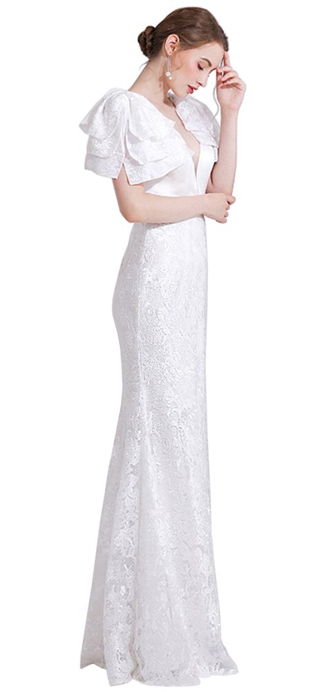 Honeydress Women's Mermaid Deep V Neck Lace Party Dress with Detachable Cap Sleeves - Elegant Evening Gown for Prom, Wedding Guest, Cocktail Party & Special Occasions