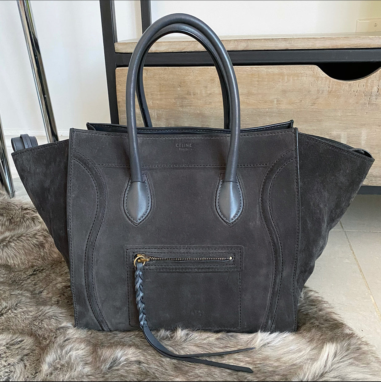 Celine Charcoal Grey Phantom Luggage Tote Bag - Luxury Leather Handbag for Women, Designer Work Tote & Travel Bag - Perfect for Office, Business Meetings & Weekend Getaways