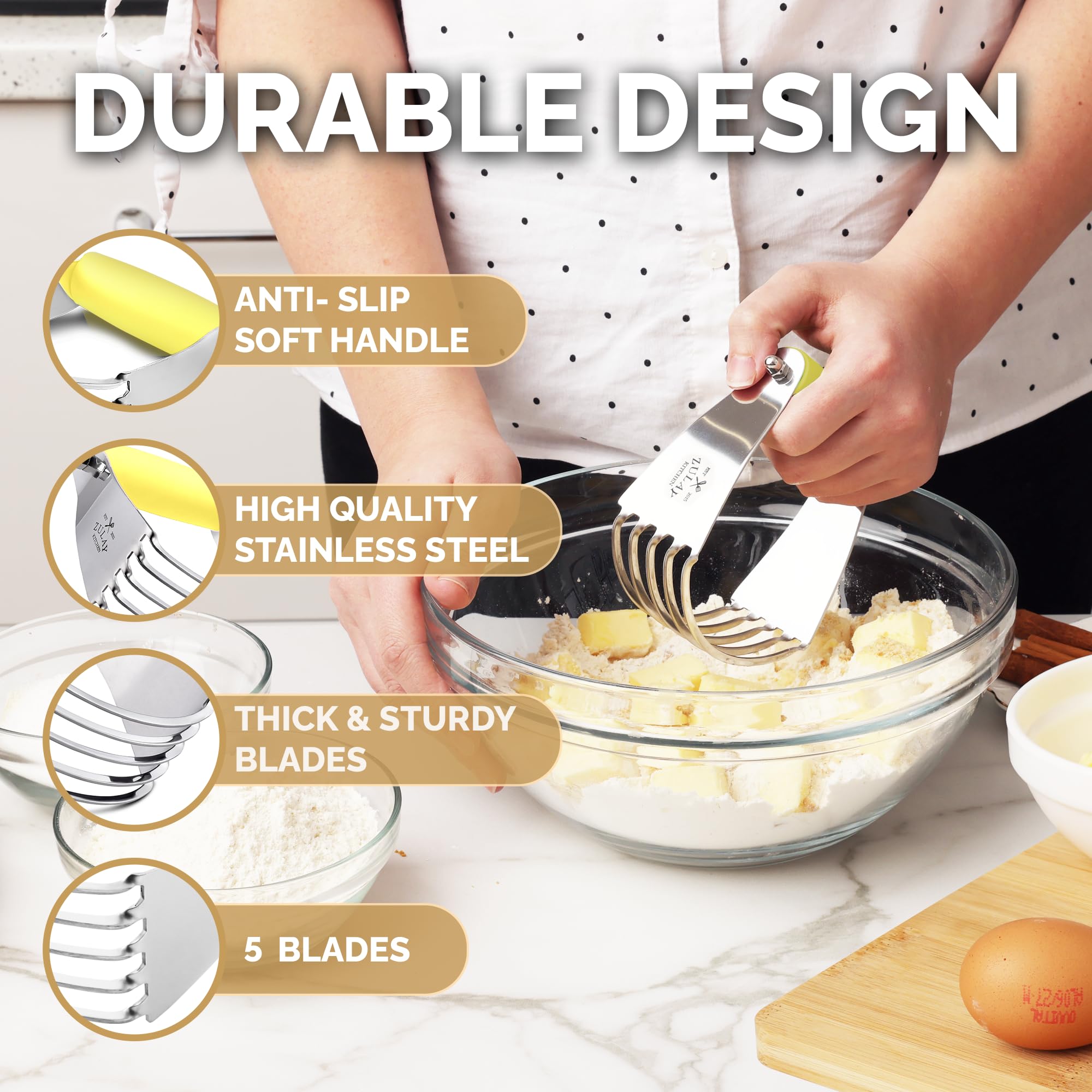 Zulay Kitchen Stainless Steel Dough Blender - Heavy Duty Pastry Cutter with 5 Blades, Butter Cutter for Baking Pies, Cookies, Biscuits & Pastries - Perfect for Home Bakers & Professional Chefs (Yellow)