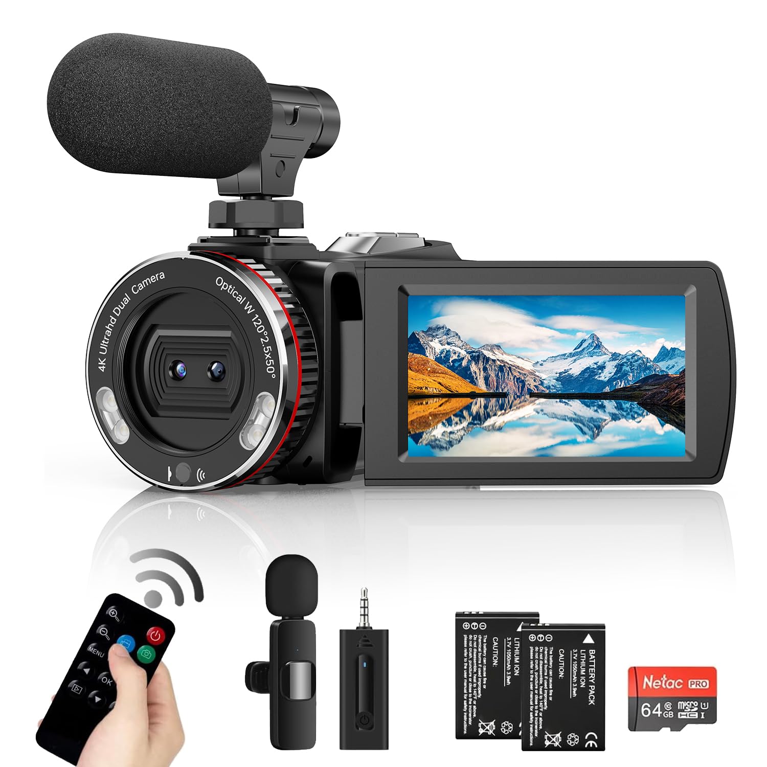 4K 64MP Dual Lens Video Camera with Wireless Mic, 60FPS Ultra HD Camcorder, 3
