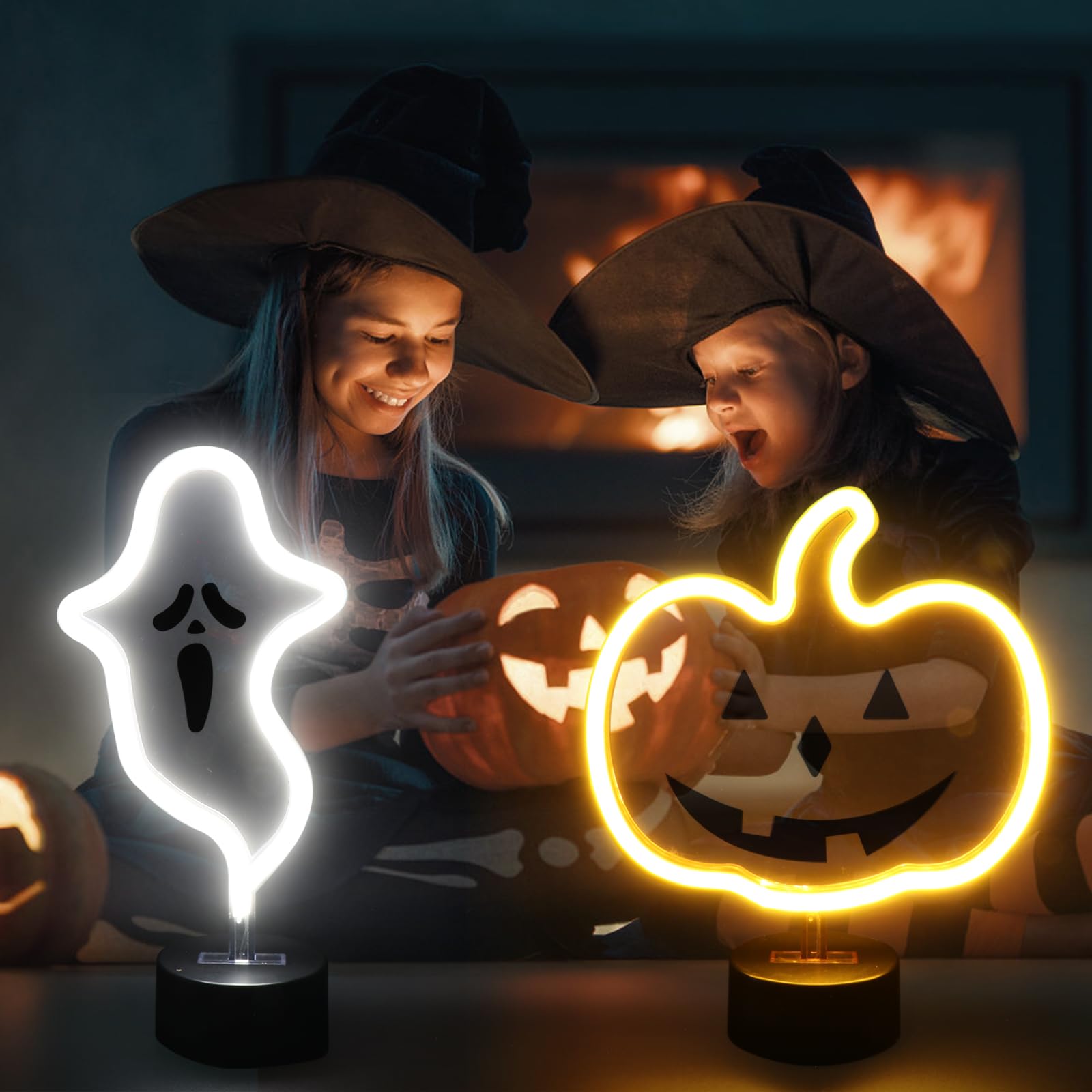 **BRIGHTDECK 2-Pack Halloween Ghost & Pumpkin Neon Night Lights - USB/Battery Powered, Spooky Decor for Bedroom, Bar, Kids' Room - Perfect for Parties, Home & Outdoor Halloween Decorations**