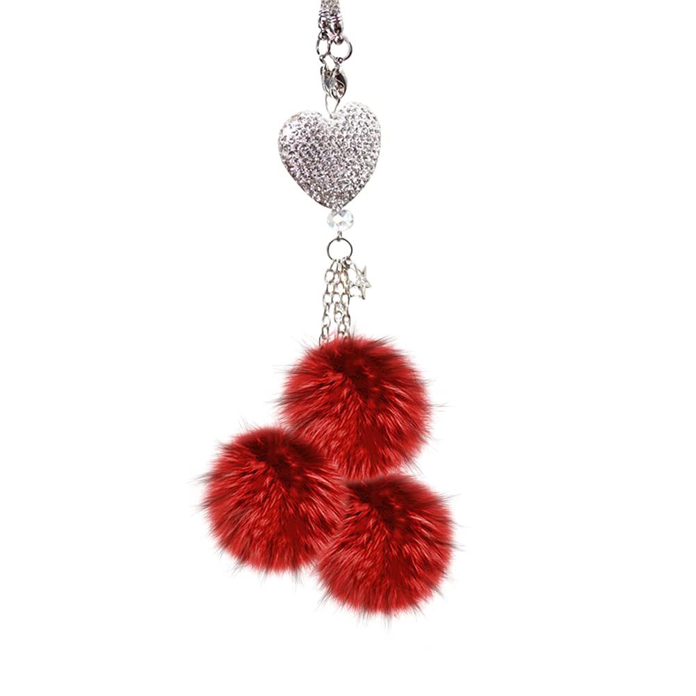 ikasus Bling Car Accessories for Women - Rhinestone Diamond Love Heart Plush Ball Hanging Ornament | Rear View Mirror Charm Decor | Perfect for Car Interior Decoration & Gift Giving