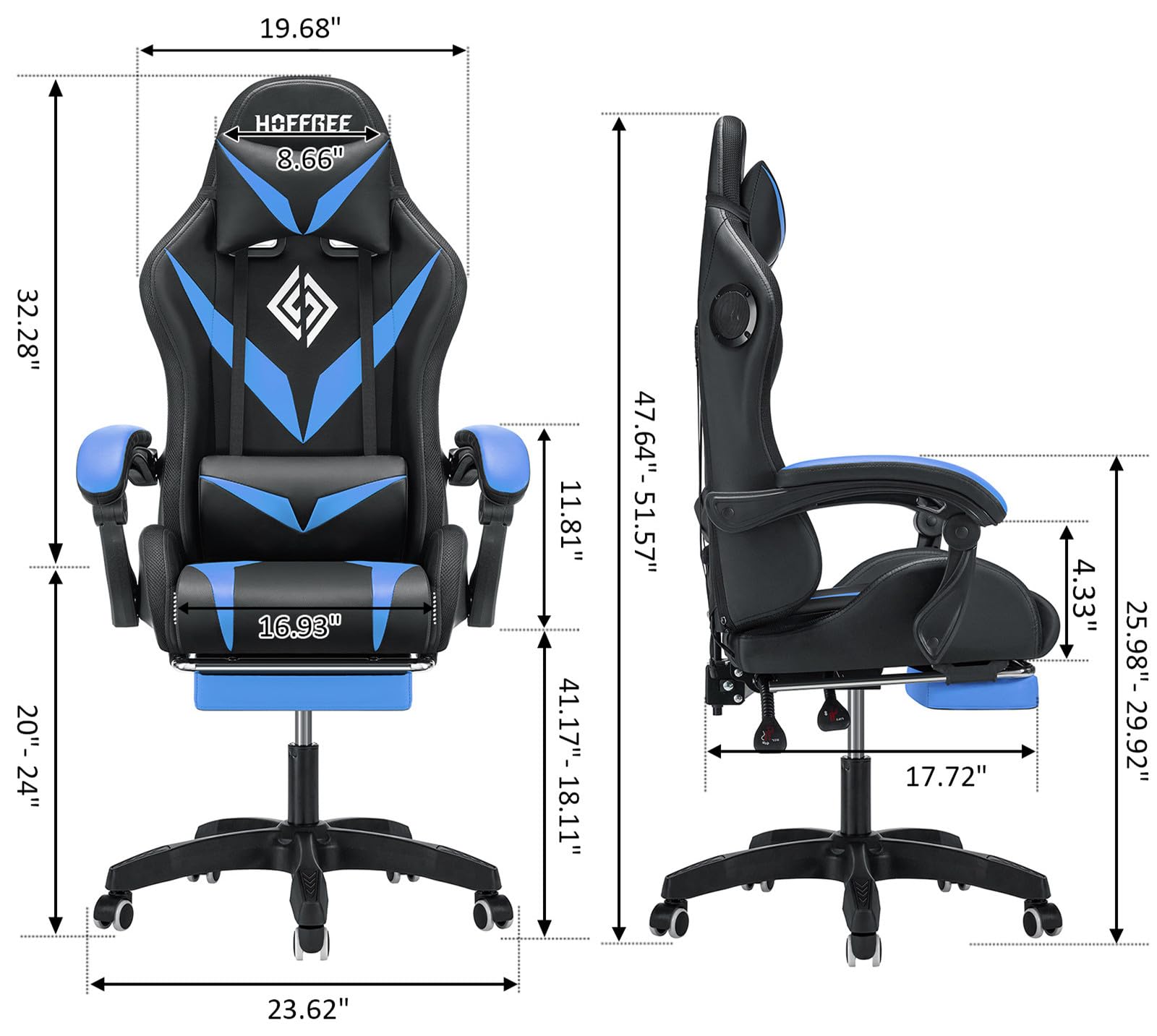 HOFFREE Ergonomic Gaming Chair with Massage, Bluetooth Speakers & RGB LED Lights - High Back Lumbar Support Computer Chair with Footrest for PC Gamers - Perfect for Esports, Streaming & Home Office (Blue & Black)