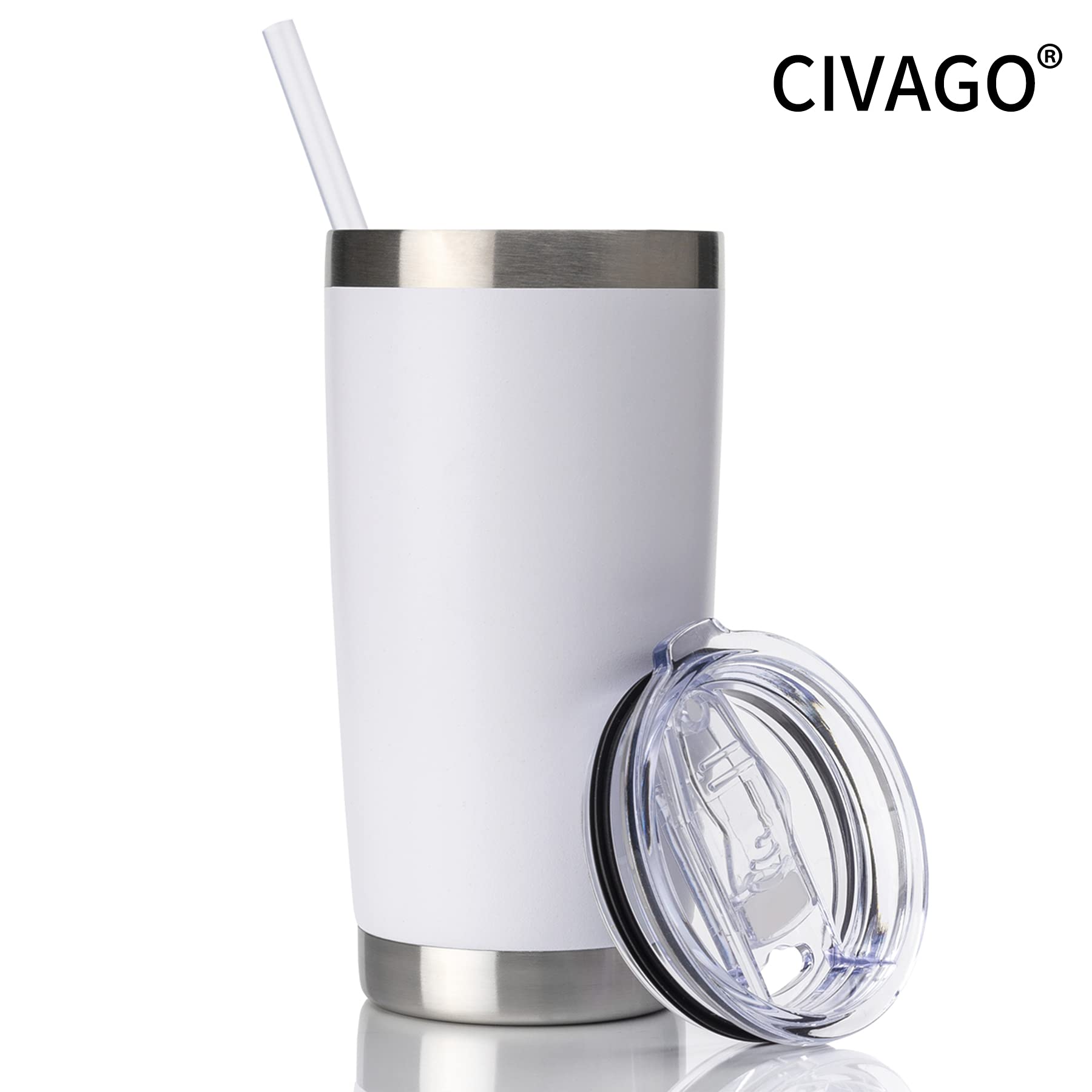 CIVAGO 20oz Stainless Steel Vacuum Insulated Tumbler with Lid & Straw - Double Wall Powder Coated Travel Mug for Coffee, Tea & Cold Drinks (White, 4 Pack) - Perfect for Office, Gym, Camping & Road Trips