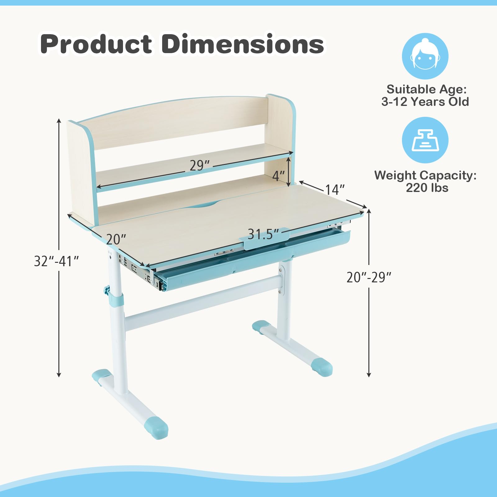 Costzon Adjustable Kids Desk with Storage Drawer & Hutch - Ergonomic Study Desk for Children, Height Adjustable Student Writing Table with Tilt Top & Scale Ruler - Perfect for Boys & Girls Bedroom, Homeschooling & Online Learning (Blue)