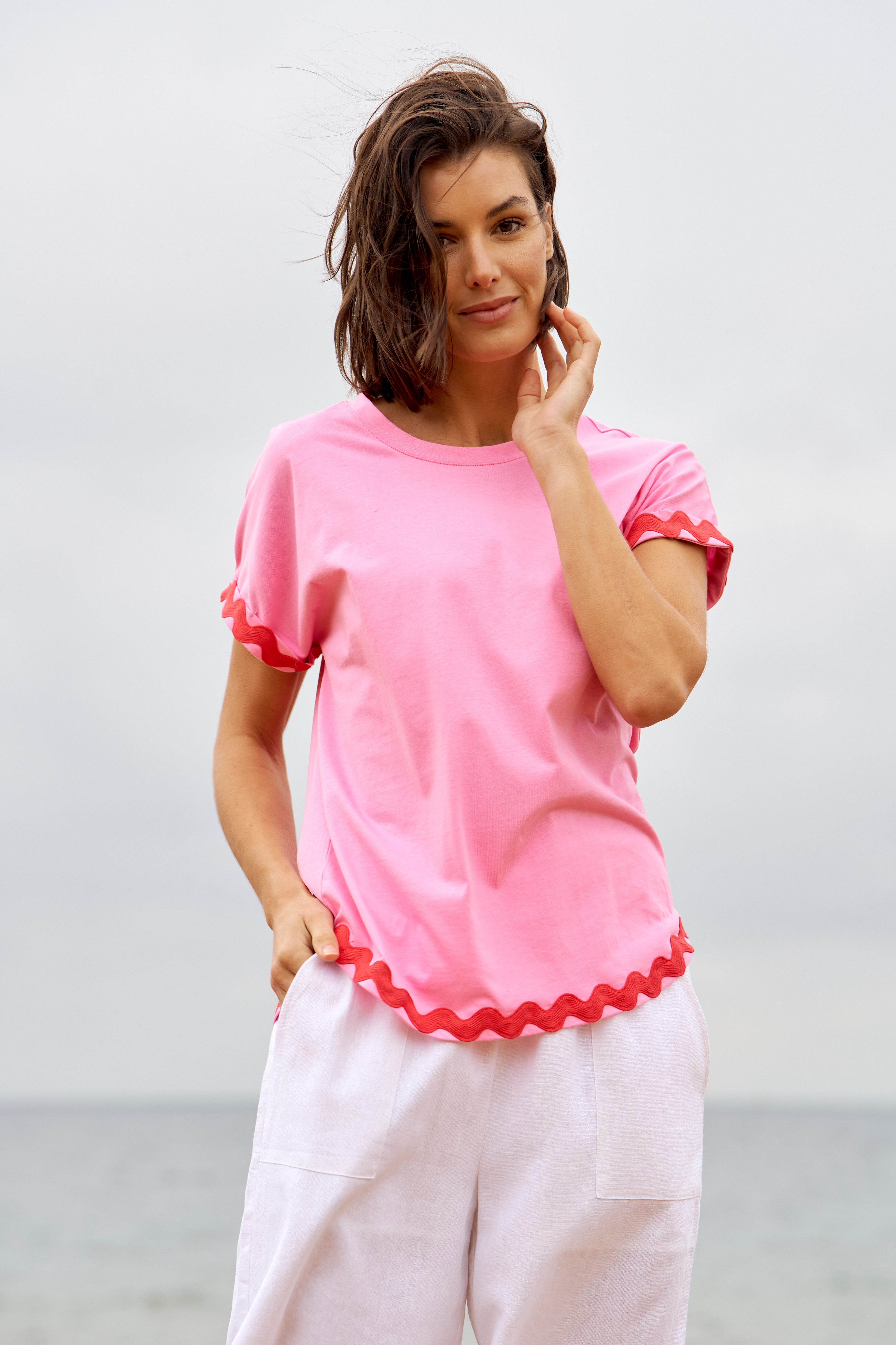 Betty Basics Sunny Tee - Women's Short Sleeve Casual T-Shirt in Red/Pink Ric Rac Print | Perfect for Summer Outings, Beach Trips & Everyday Wear