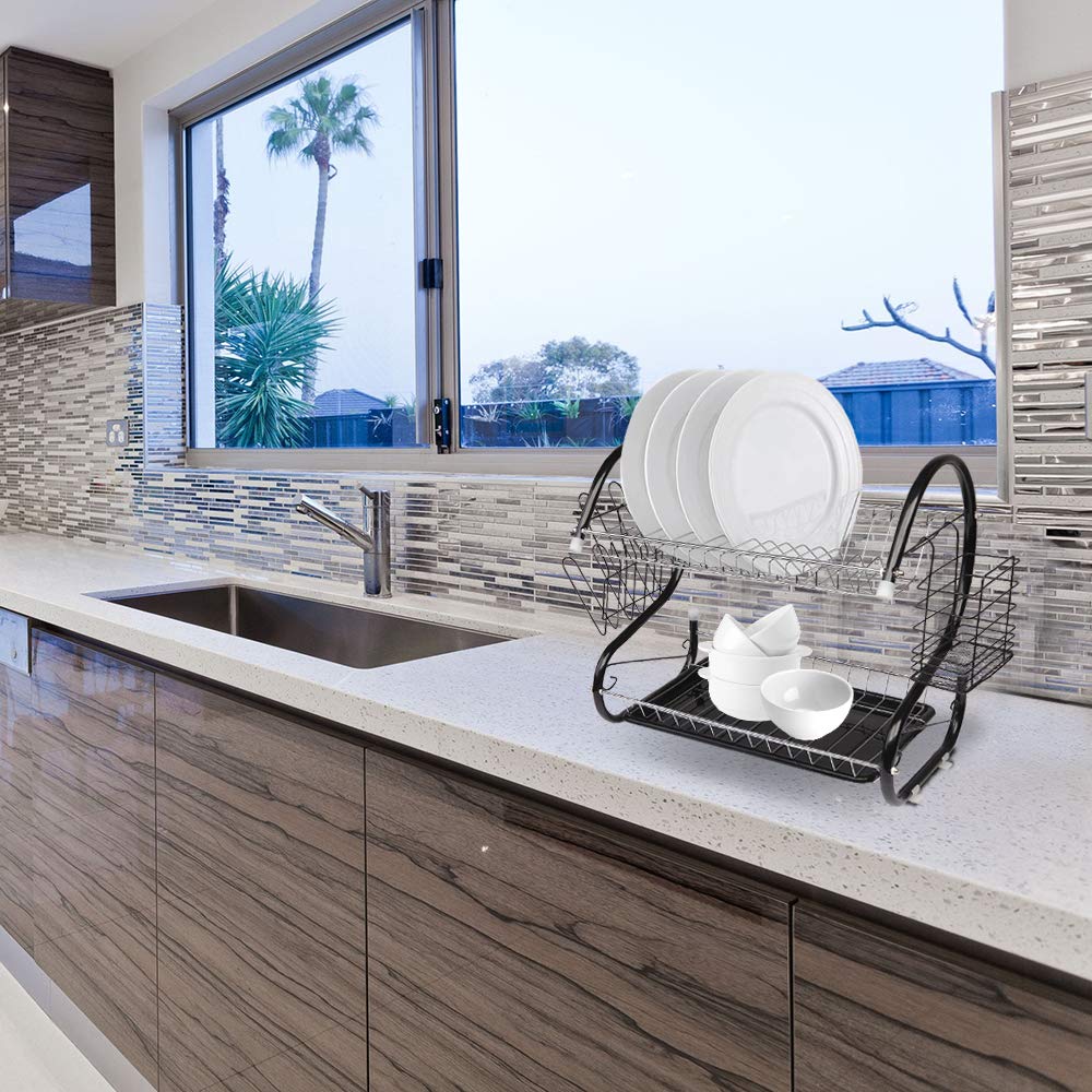Multifunctional S-Shaped Dual Layer Dish Rack for Bowls, Plates, Chopsticks & Spoons - Space Saving Kitchen Organizer with Drainage - Perfect for Small Kitchens, Dorms & Apartments (Black)