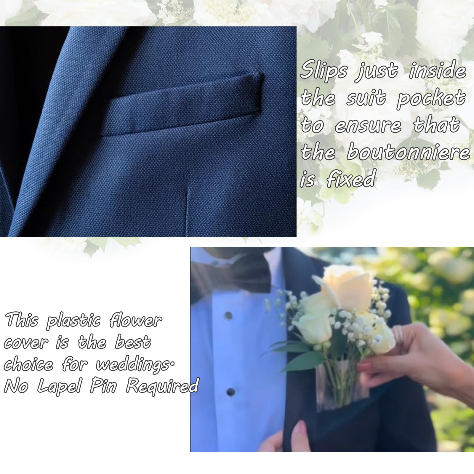12 Pack Boutonniere Plastic Sleeves - Flower Holder for Suit Jacket Pocket (Flowers Not Included) | No Lapel Pin Needed | Perfect for Wedding Groom & Groomsmen Suits | Formal Events & Prom Accessories