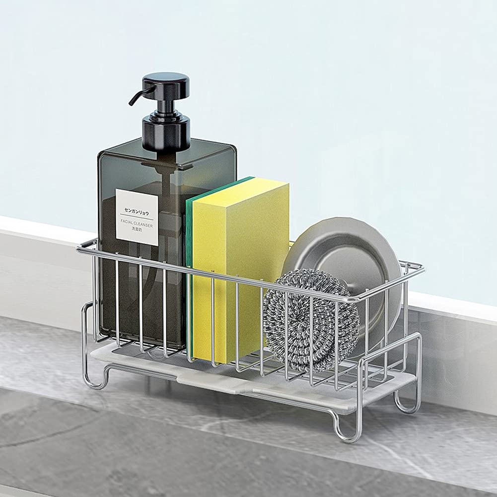 304 Stainless Steel Kitchen Sink Caddy Organizer with Drain Pan - Sponge & Soap Holder for Kitchen & Bathroom | Perfect for Organizing Cleaning Supplies by Sink (Silver)