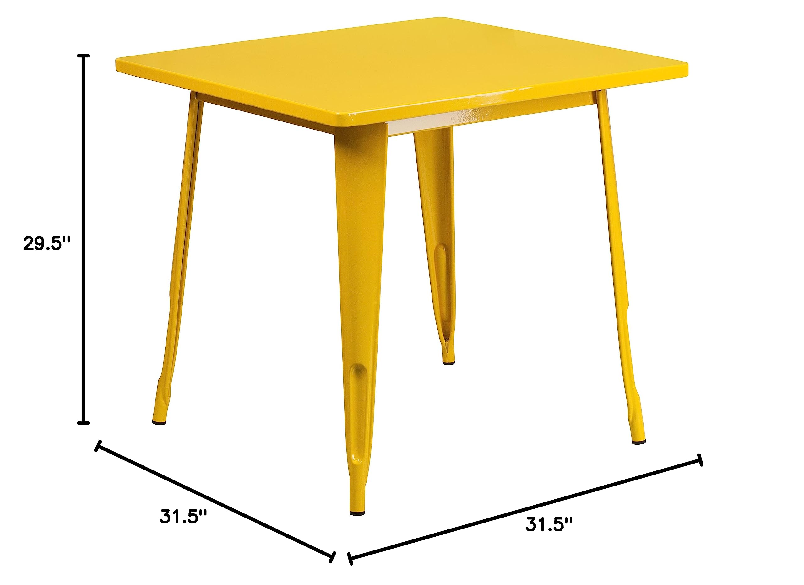 EMMA & OLIVER 31.5 Inch Square Metal Bistro Table - Commercial Grade Indoor Outdoor Dining Table for Patio, Restaurant, Cafe - Weather-Resistant Yellow Finish for Outdoor Use