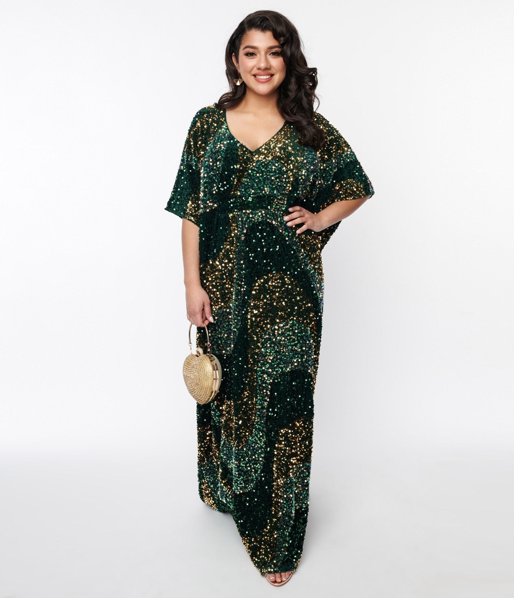 Vintage Emerald Green & Gold Sequin Caftan Dress for Women - Elegant Bohemian Maxi Dress for Beach Wedding, Party & Special Occasions