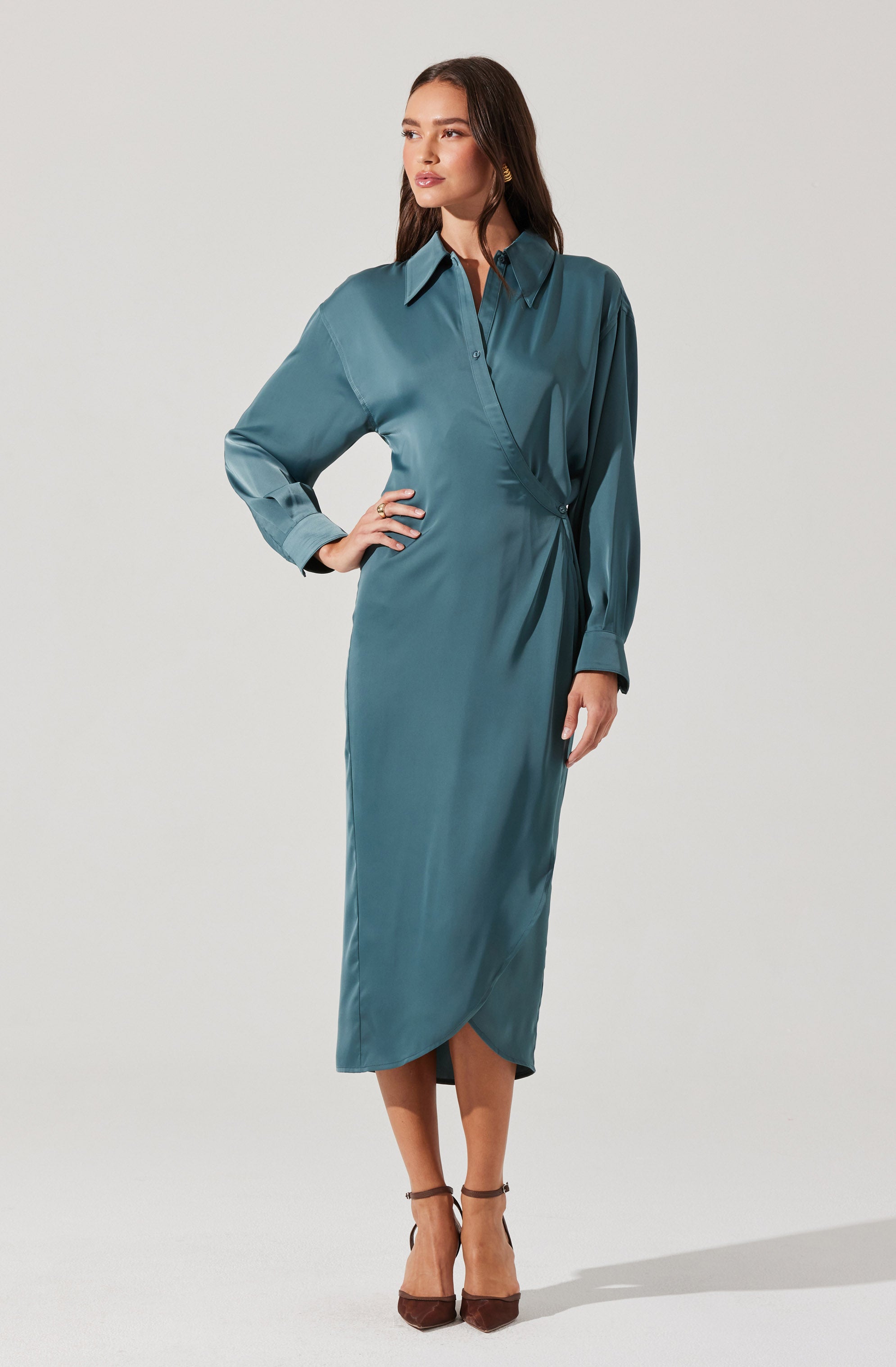 Elegant Ira Satin Wrap Shirt Dress for Women - Stylish Button Down Midi Dress with Belt - Perfect for Office, Date Night & Special Occasions