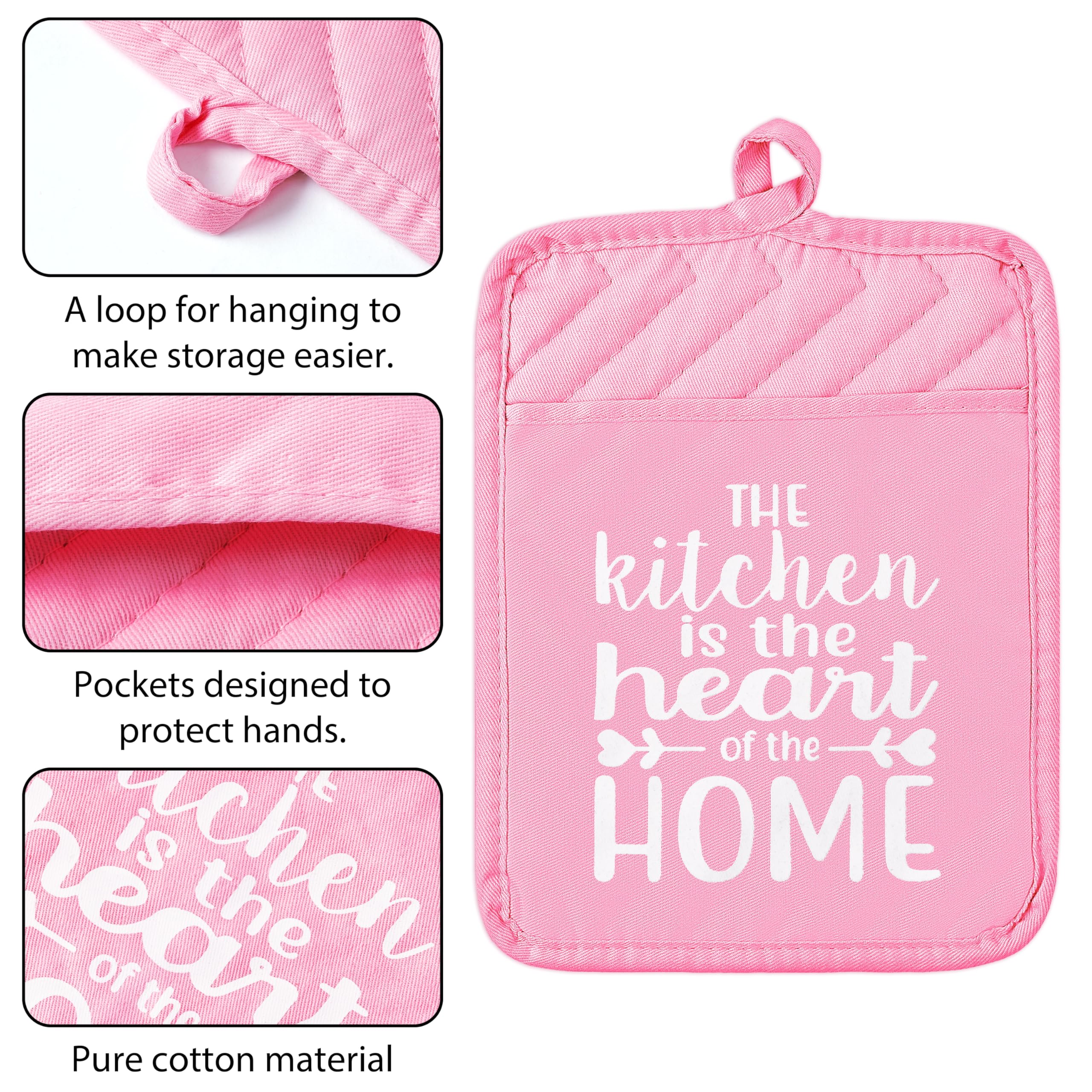 GROBRO7 6Pcs Funny Oven Mitts & Pot Holders - Heat Resistant Kitchen Gloves with Hanging Loop & Pocket - Machine Washable Hot Pads for Baking, Cooking, BBQ - Perfect Gift for Home Chefs (Pink)
