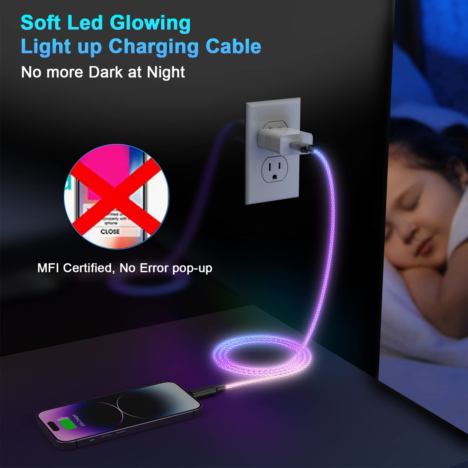 Apple 20W Fast Charging LED Lightning Cable - 3FT MFi Certified USB to Lightning Data Sync Cable for iPhone 13/12/11/X/8/7, iPad & CarPlay | Quick Charge & Nighttime Visibility | Perfect for Home, Office & Car Use