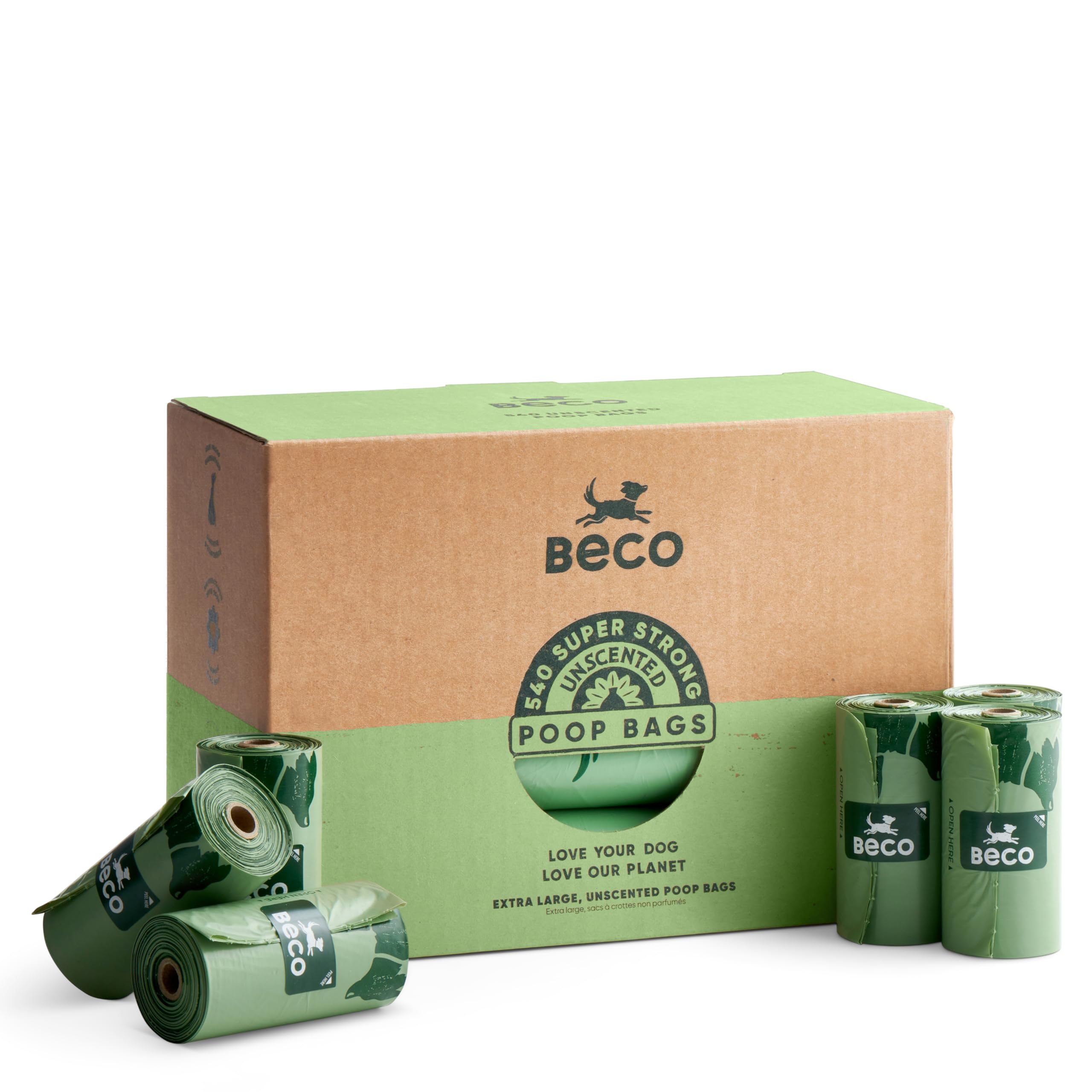 Beco Strong & Large Dog Poop Bags - 540 Count (36 Rolls of 15) | Unscented, Eco-Friendly, Dispenser Compatible Waste Bags for Dogs | Perfect for Park Walks, Backyard Cleanup & Travel