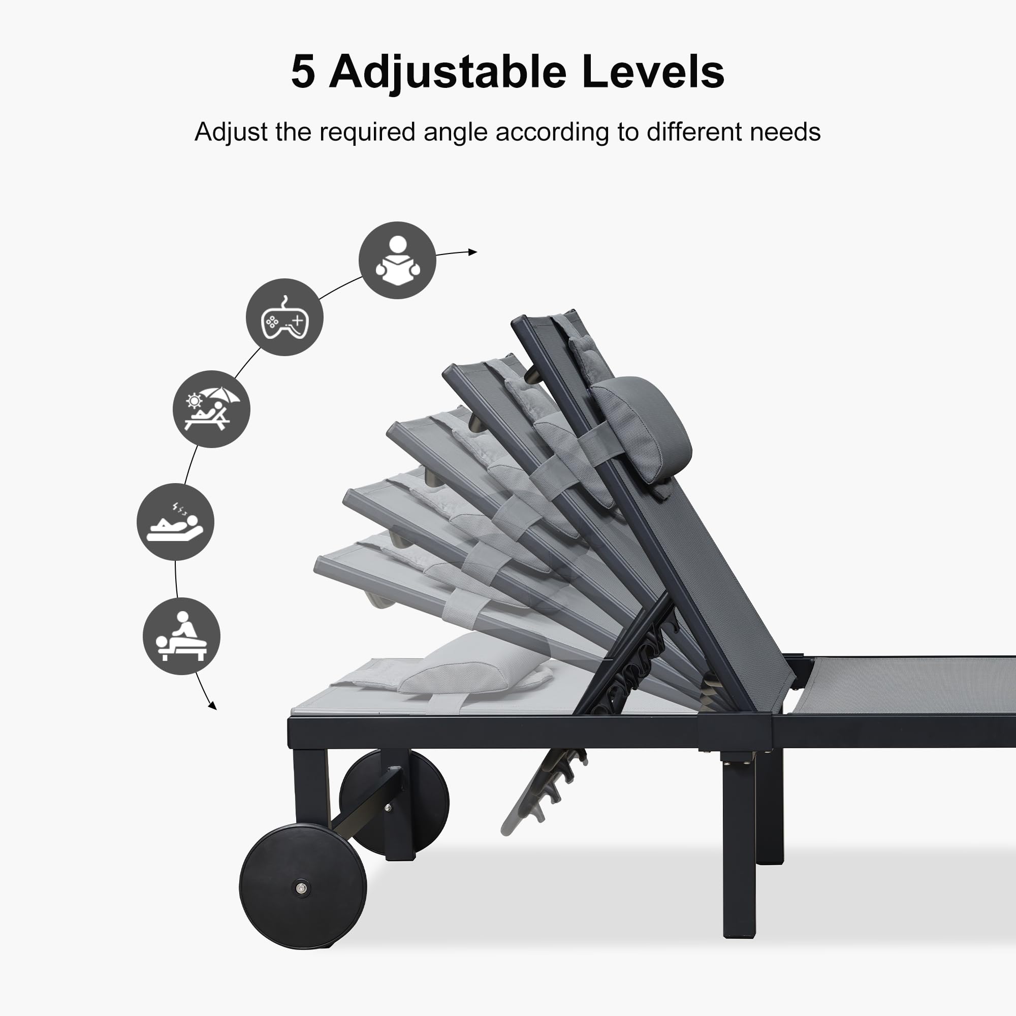 PURPLE LEAF Adjustable Reclining Outdoor Lounge Chair Set with Face Hole - Patio Sunbathing Lounger for Poolside, Beach & Backyard - Includes Wheels, Pillows & Table - Durable Aluminum Frame (Grey) - Perfect for Relaxing, Tanning and Outdoor Lounging