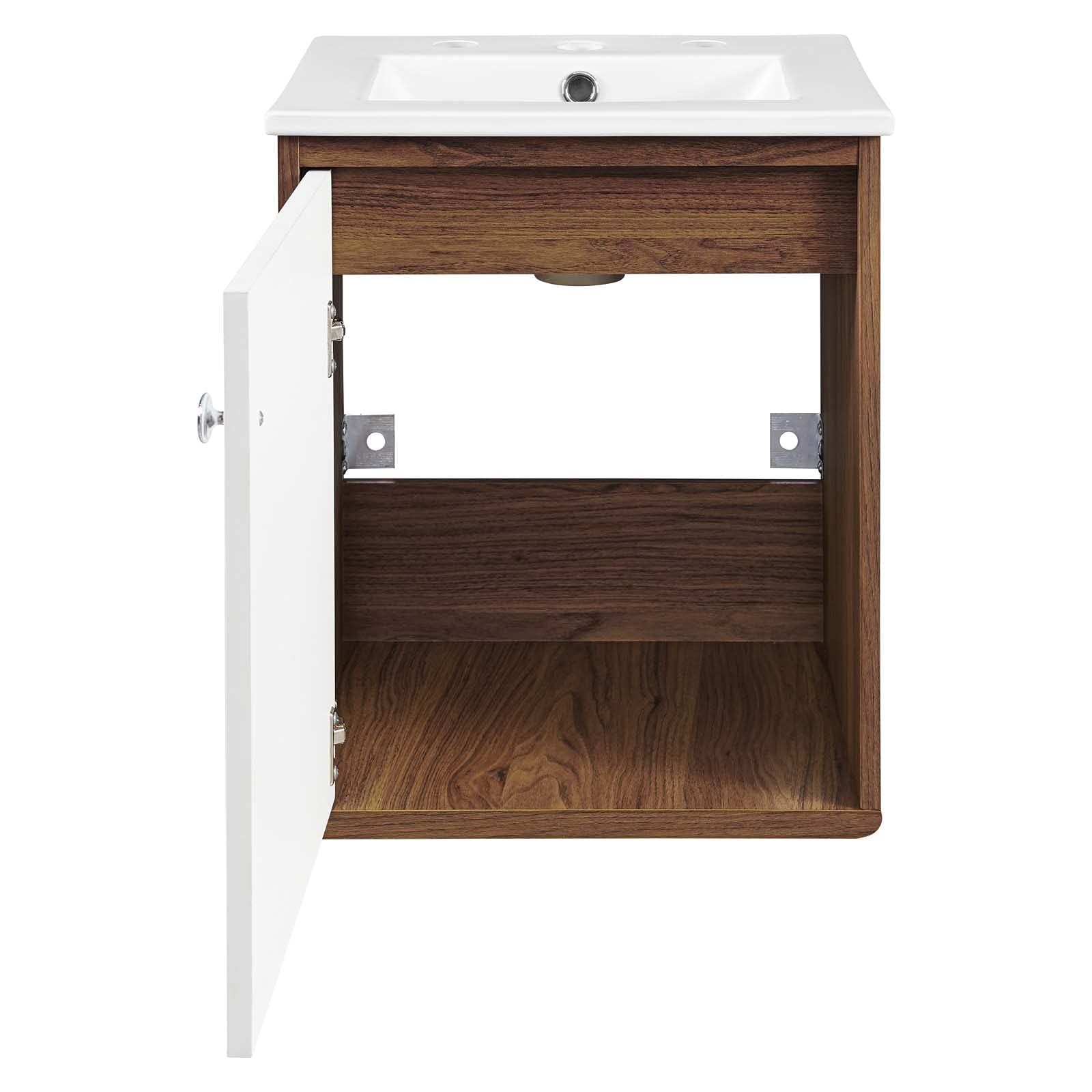 Modern Wall Mounted Sink Vanity Cabinet - Brown Walnut & White Wood Bathroom Storage - Space Saving Design for Small Bathrooms, Hotel Suites & Contemporary Homes