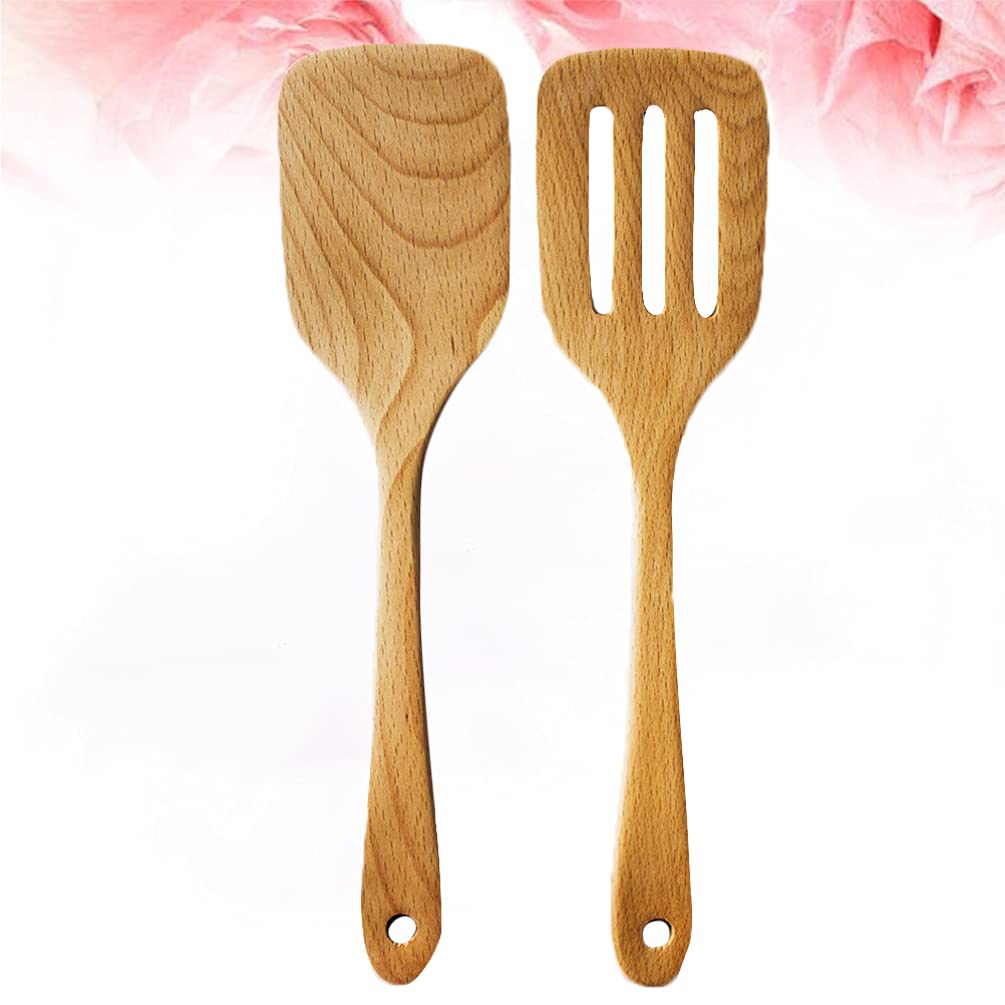 2-Pack Hemoton Wooden Cooking Utensils - Natural Bamboo Spatula Set for Non-Stick Pans & Woks - Wooden Mixing Spoon & Long Handle Kitchen Tools - Perfect for Baking, Frying & Stir-Frying