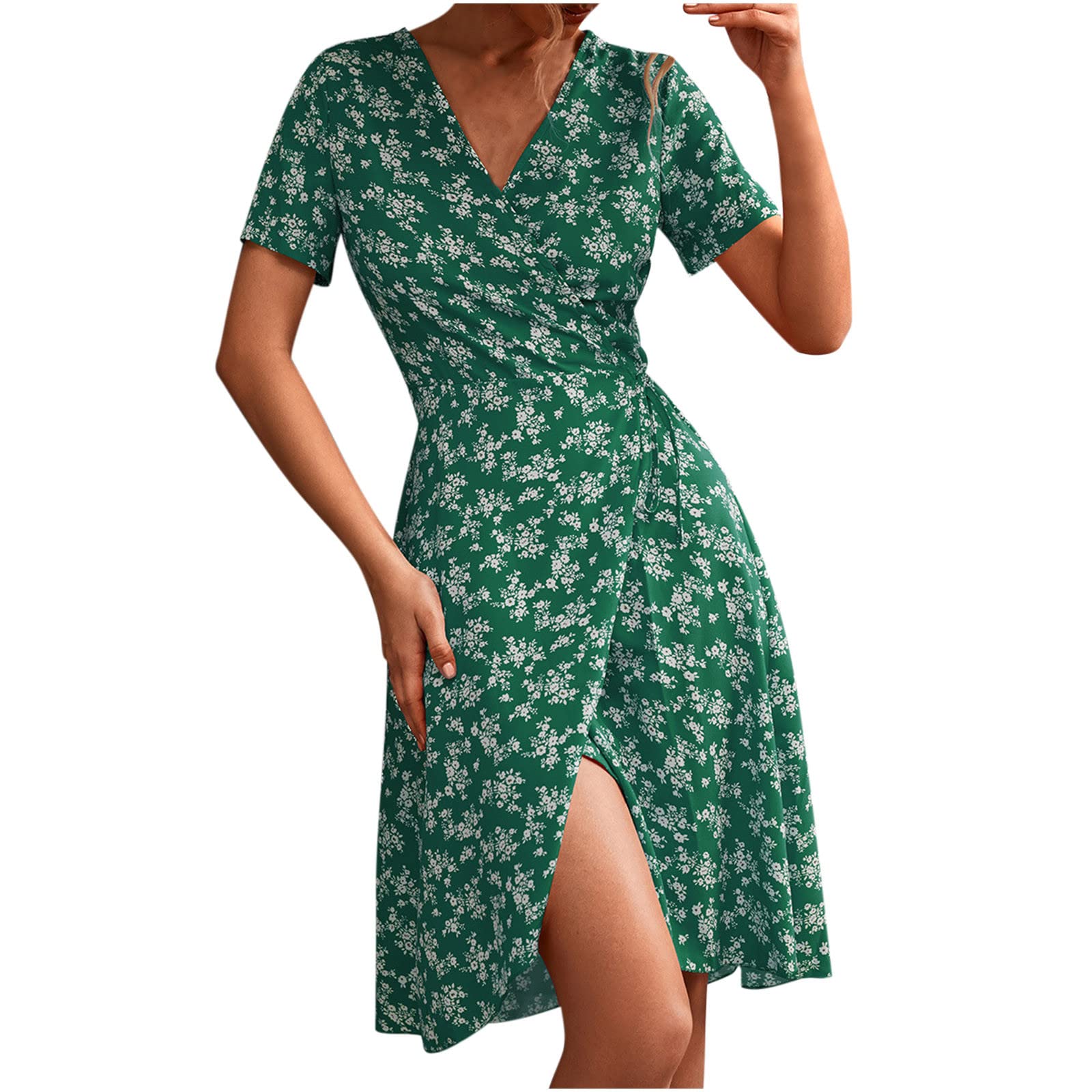 Women's Summer Floral Boho Chiffon Dress - V-Neck Wrap Style with Short Sleeves, Knee Length & Tie Waist | Perfect for Beach Vacations, Date Nights & Casual Outings