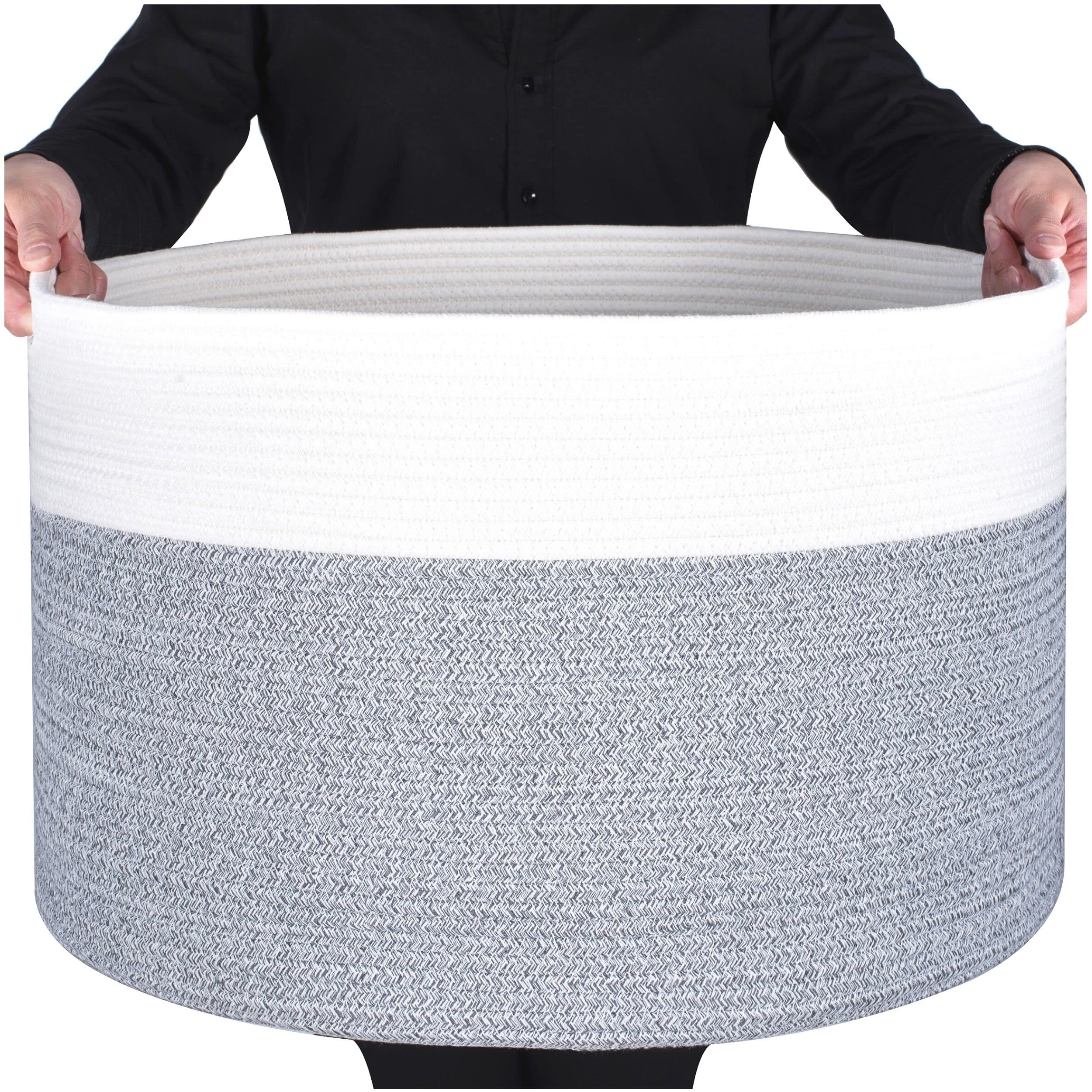 MINTWOOD Extra Large 22x14 Inch Woven Cotton Rope Storage Basket - Blanket Organizer, Laundry Hamper, Toy Bin for Living Room, Nursery & Bedroom - Light Grey Home Decor Storage Solution