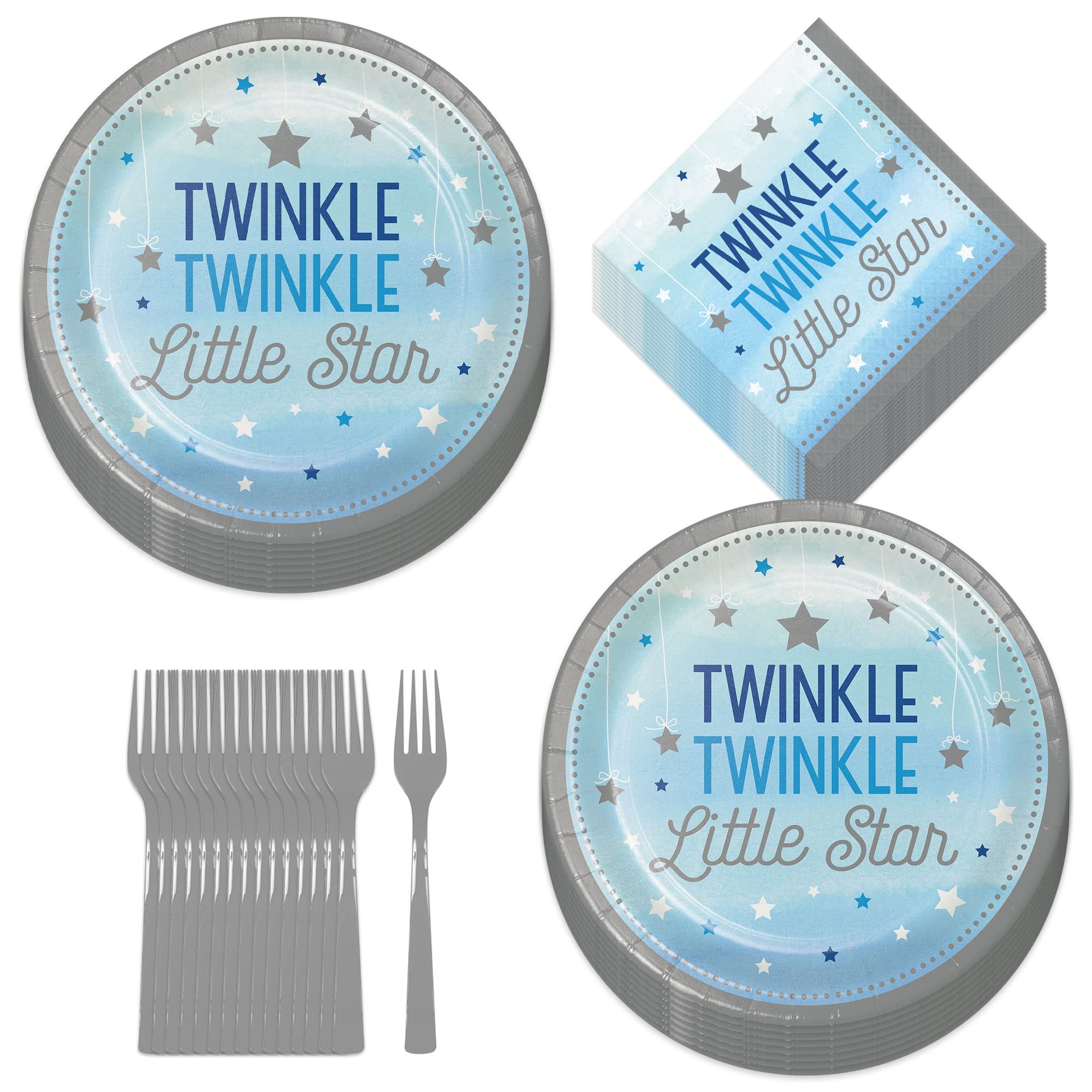 Twinkle Little Star Blue and Silver Party Supplies Set - 16-Piece Dinner Plates, Lunch Napkins & Forks for 1st Birthday & Baby Shower | Perfect for Boys' Celebrations & Star-Themed Events