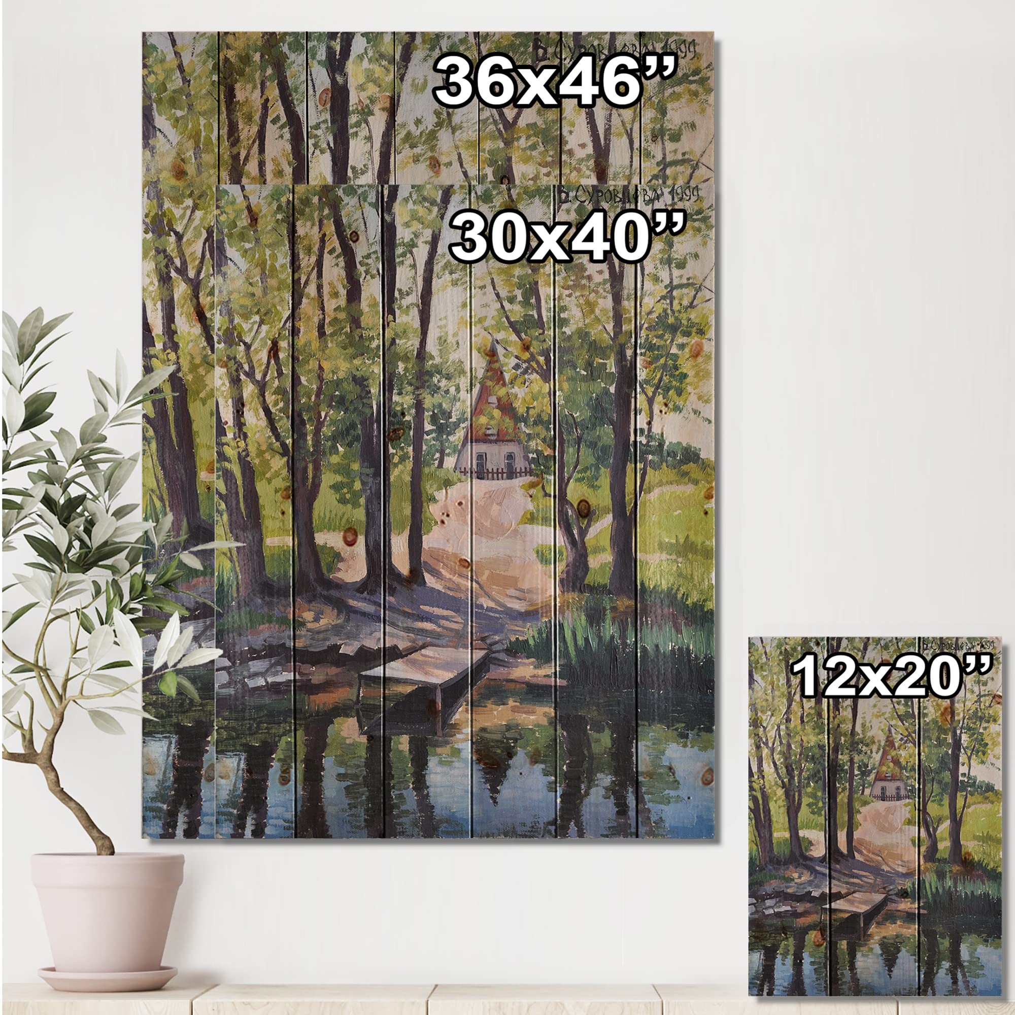 Rustic Lake House Wood Wall Art - Large Landscape Pine Wood Panel Decor for Cabin, Living Room & Bedroom | Nature-Inspired Green Wood Wall Panels Printed on Natural Pine