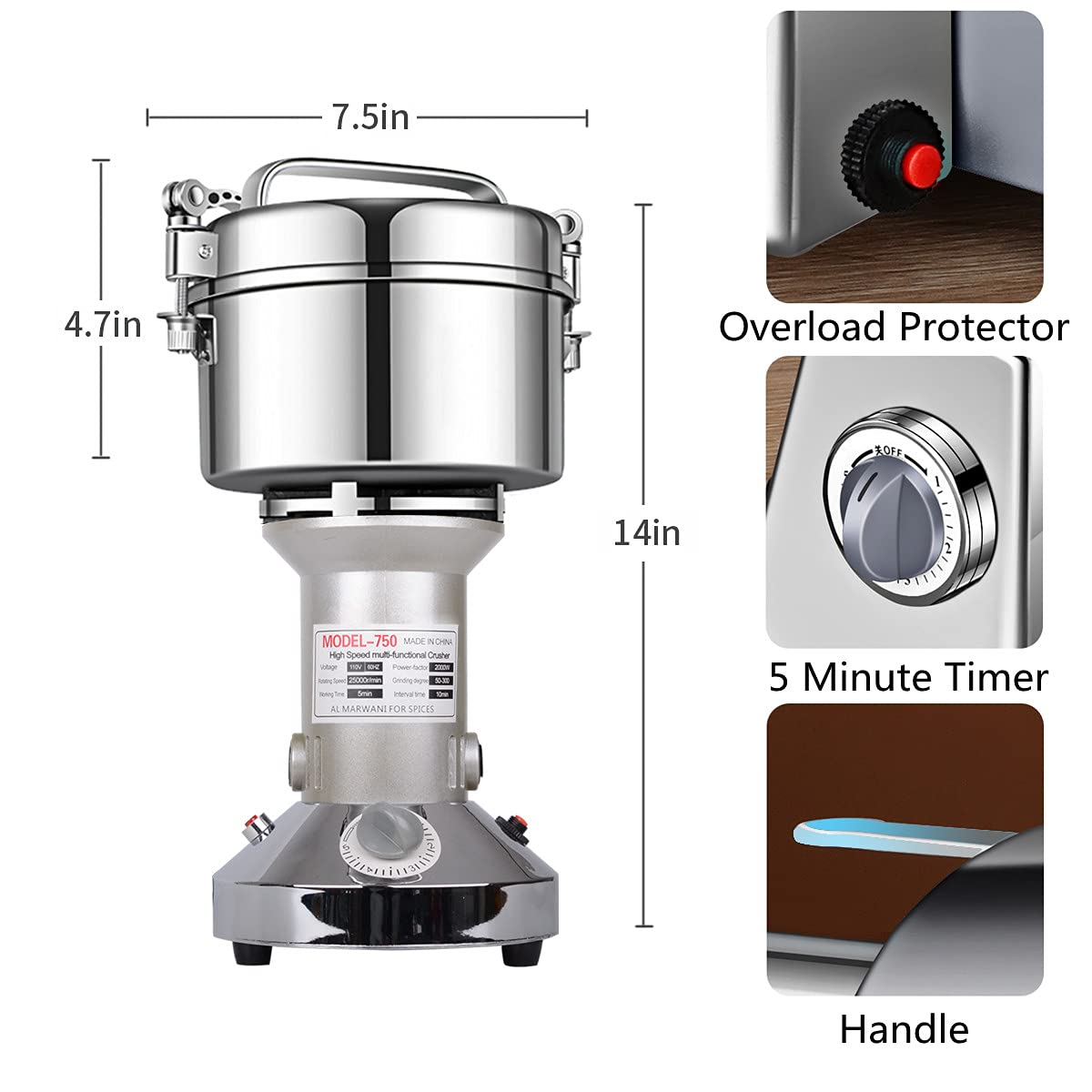 750g High-Speed Electric Grain Mill Grinder - Stainless Steel Flour Pulverizer for Cereals, Corn, Coffee, Rice & Spices | Perfect for Home Baking, Coffee Grinding & Herbal Powder Preparation