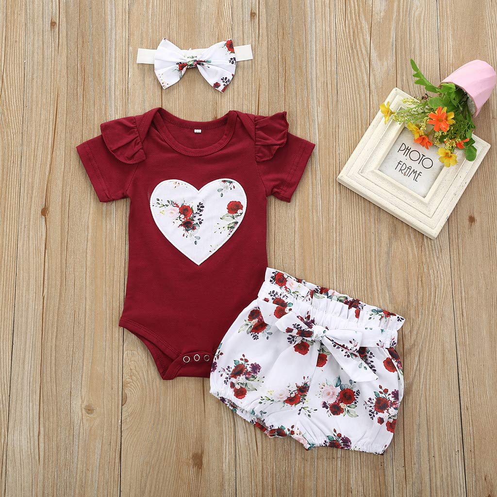 12-18 Months Baby Girl Outfits 3-Piece Set - Floral Romper Jumpsuit with Bowknot Shorts | Soft Cotton Infant Clothes for Newborn, Photo Shoots & Coming Home Outfits (Wine Red)
