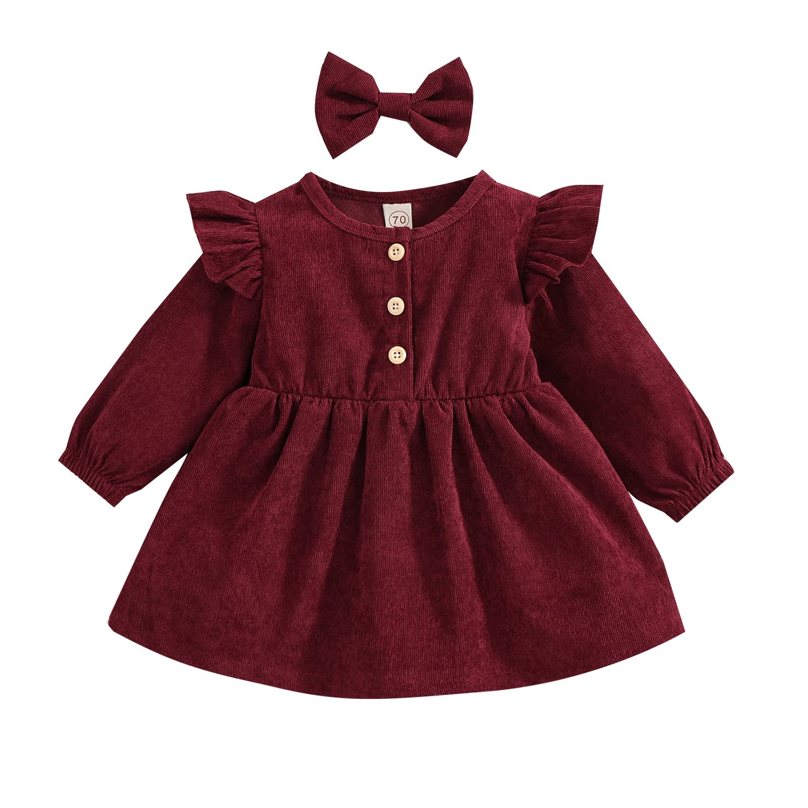 Velvet and Corduroy Toddler Baby Girls Ruffled Long Sleeve Button Down Dress with Headband - Casual Tunic Outfit for Holidays, Parties & Family Photos