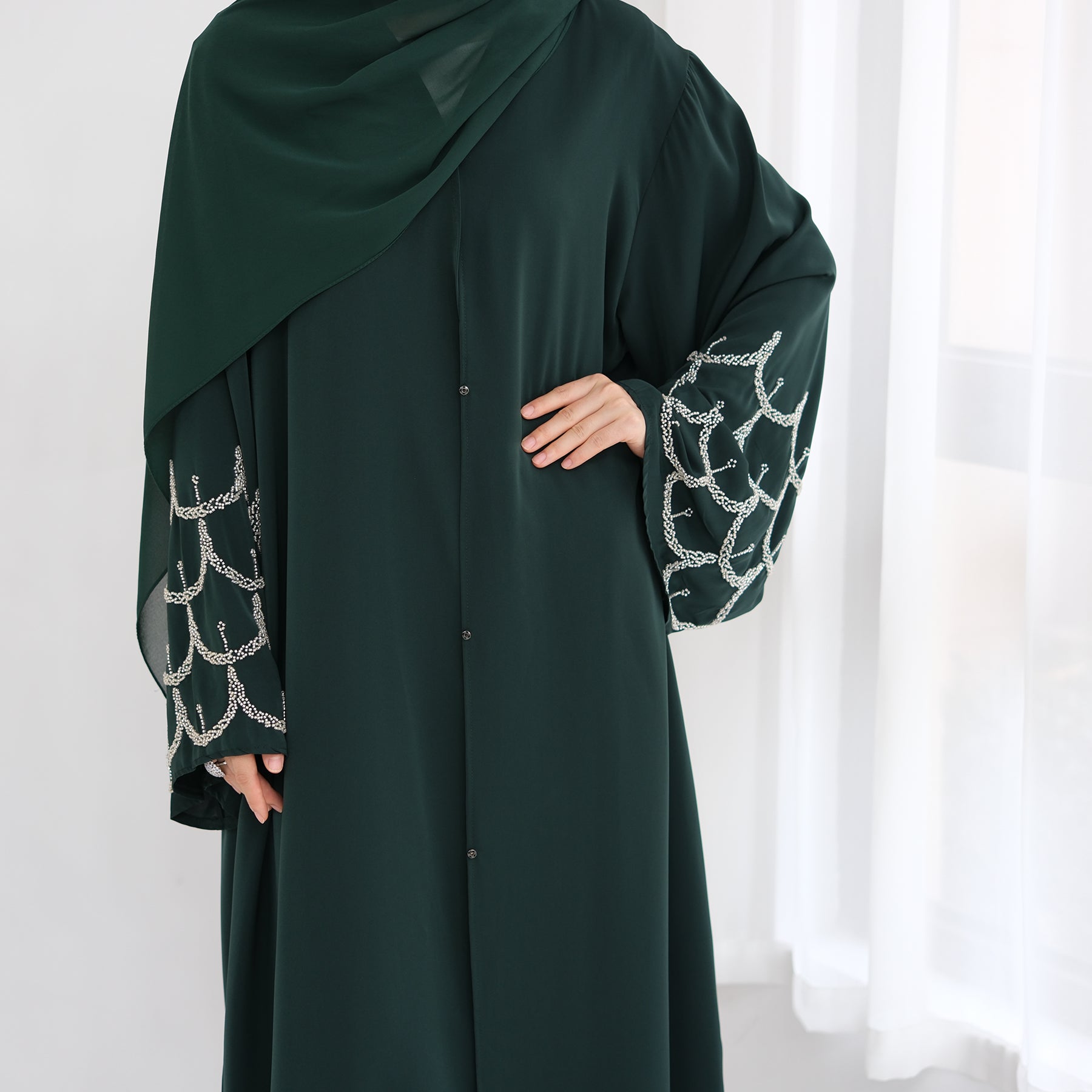 Irssane Nida Open Abaya Kimono - Elegant Emerald Green Muslim Prayer Dress for Women | Perfect for Prayer, Mosque, and Special Occasions