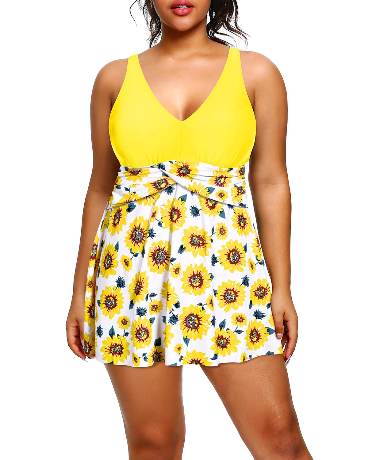 Holipick Plus Size Swim Dress for Women - V Neck One Piece Swimsuit with Skirt Tummy Control Bathing Suit | Beach Vacation, Pool Party, Water Aerobics