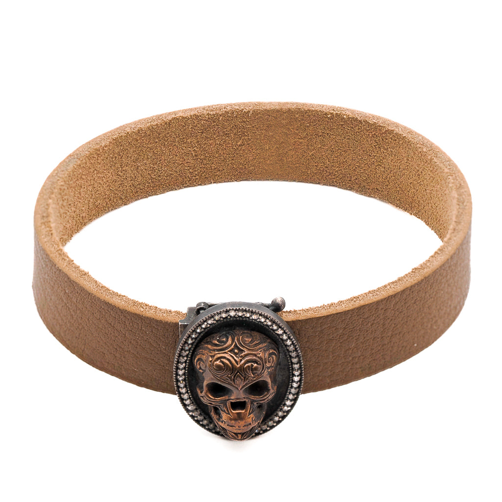 Sterling Silver & Diamond Skull Brown Leather Bracelet for Men - Gothic Punk Jewelry for Everyday Wear, Parties & Gifts