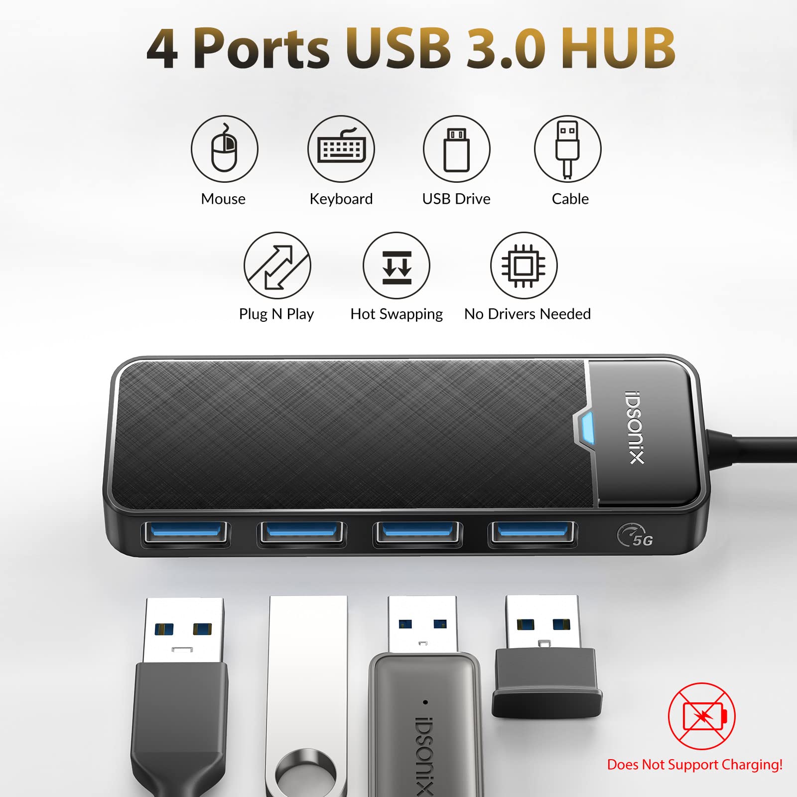 4-Port USB 3.0 Hub Ultra Slim - High Speed Data Transfer USB Splitter & Multiport Adapter for Laptop, PC, MacBook - Perfect for Office, Home & Travel Use with Flash Drives & External Hard Drives