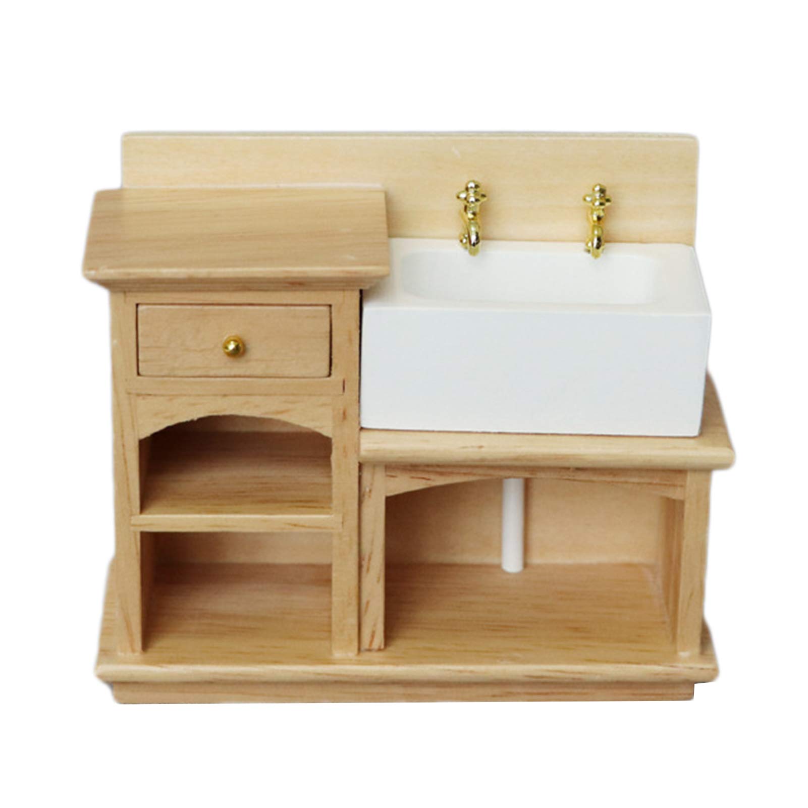 1/12 Scale Miniature Dollhouse Bathroom Set - Wooden Wash Basin & Ceramic Sink for Dollhouse Decoration & Play