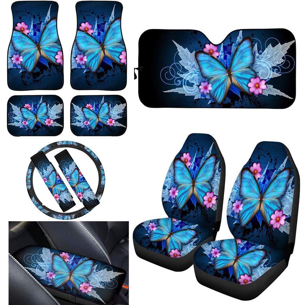 BIGCARJOB 11-Piece Butterfly Print Car Accessories Set - Universal Fit Seat Covers, Floor Mats, Sunshade & More for Style & Protection | Perfect for Sedans, SUVs & Daily Commuting