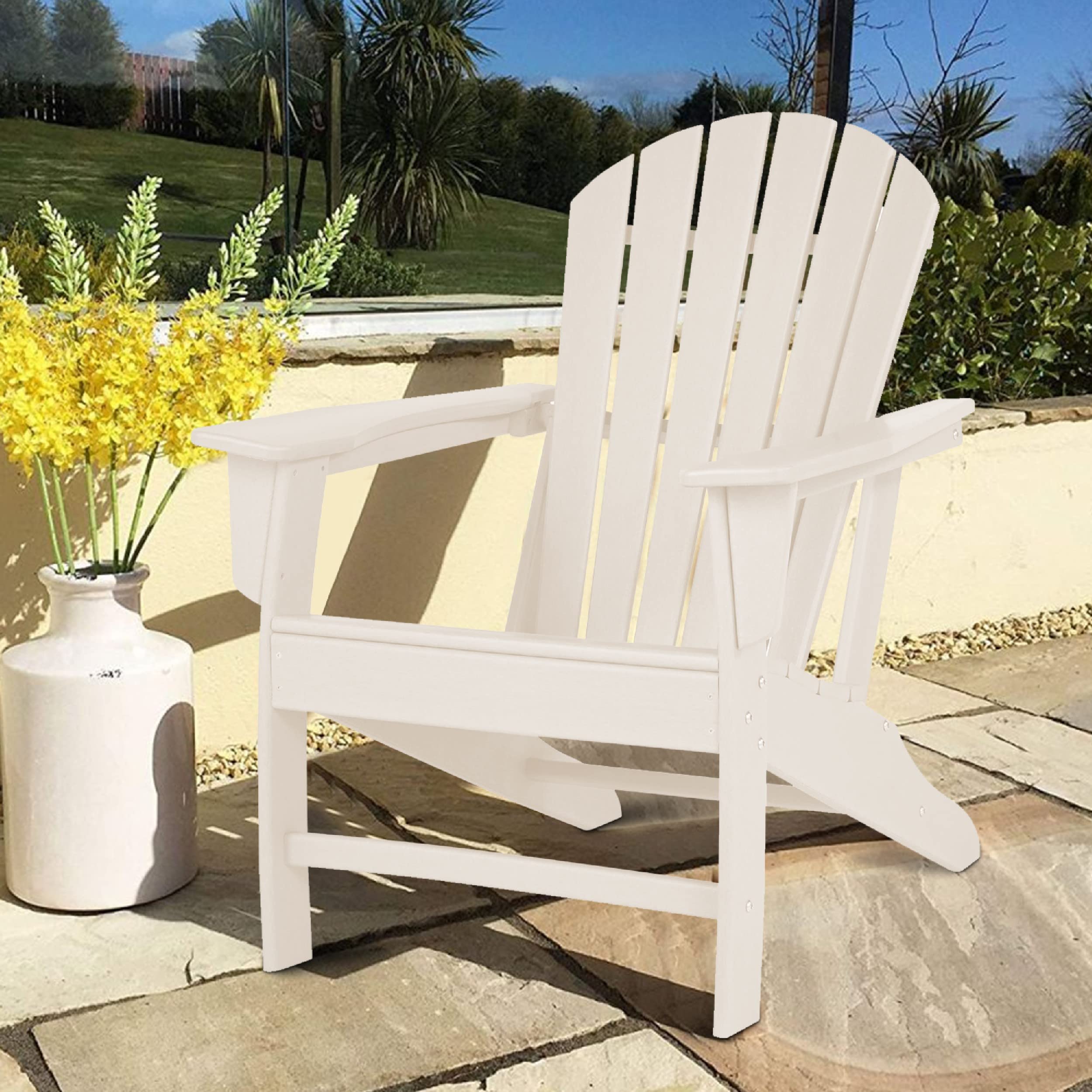 Benjara BM209700 Modern White Plastic Adirondack Chair with Comfortable Slatted Back - Perfect for Patio, Garden, Poolside & Outdoor Relaxation