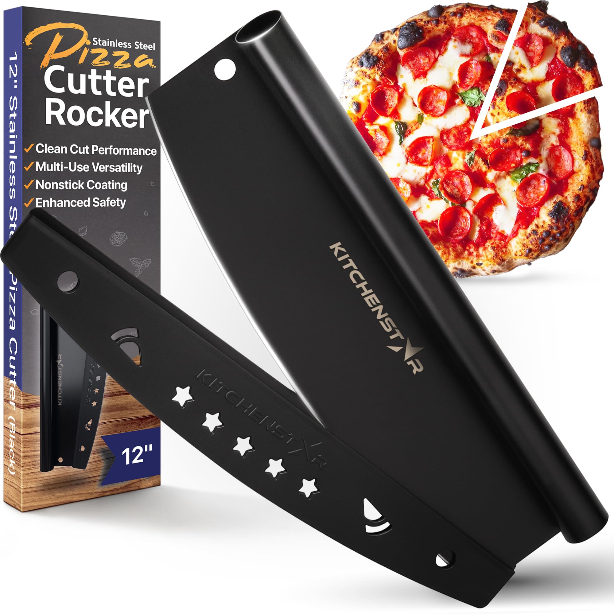 KitchenStar 12-Inch Stainless Steel Pizza Cutter Rocker - Sharp Black Non-Stick Pizza Slicer Knife with Blade Cover - Professional Pizza Making Tools & Oven Accessories - Dishwasher Safe - Perfect for Home Kitchens, Pizzerias, and Party Food Prep