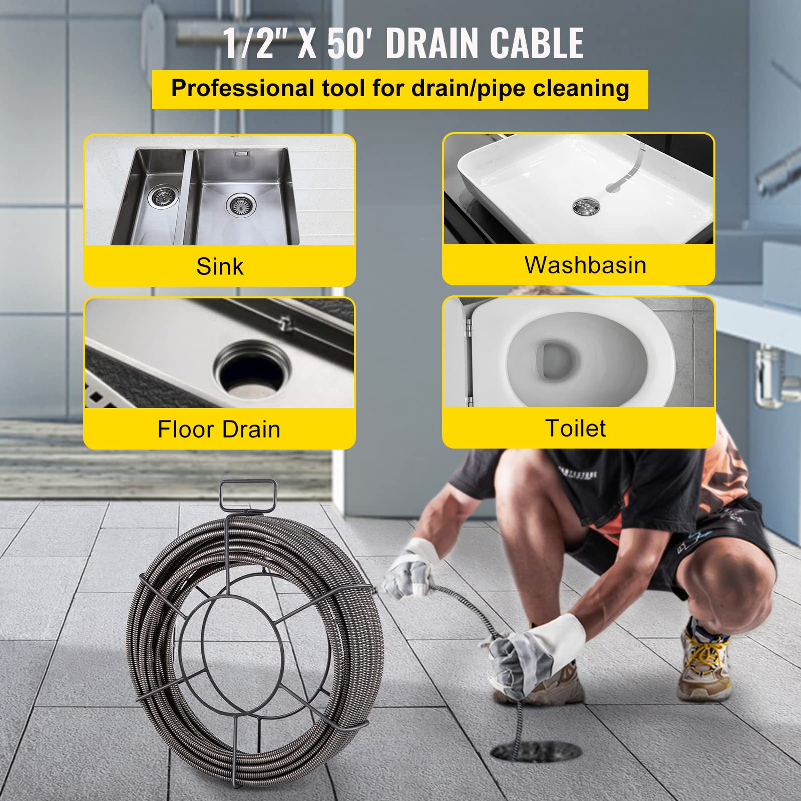 **Mophorn 50ft x 1/2 Inch Solid Core Drain Cleaning Cable - Heavy Duty Sewer Snake Auger for Clogged Pipes, Sinks & Toilets - Perfect for Home, Commercial & Industrial Drain Maintenance**