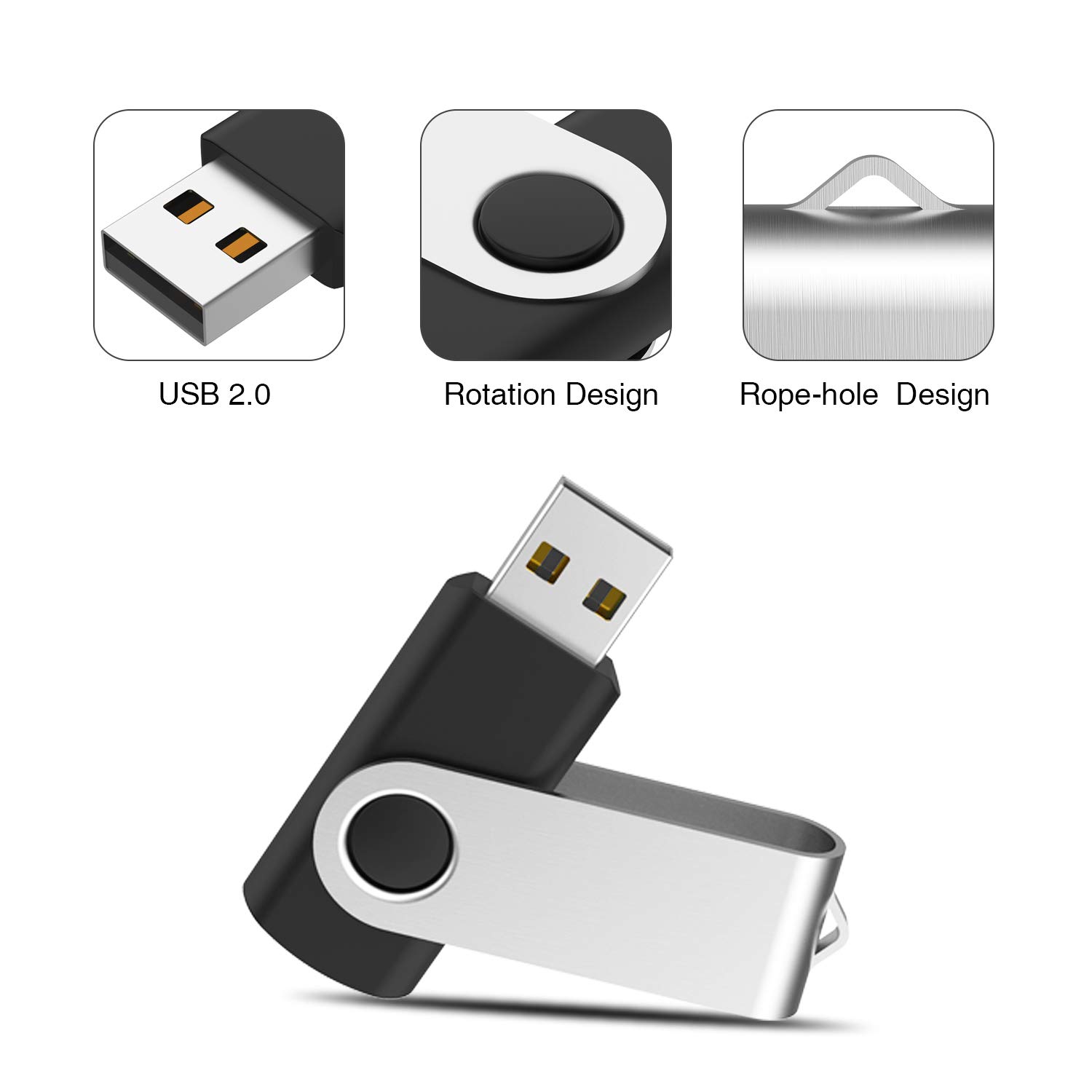 RAOYI 50 Pack 128MB USB 2.0 Flash Drives - Swivel Metal Cap Thumb Drive with LED Indicator, Black | Bulk USB Memory Sticks for Data Storage, File Transfer, Office & School Use