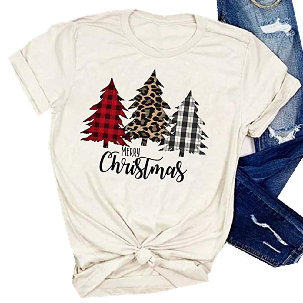 Women's Christmas Tree Printed T-Shirt - Short Sleeve Holiday Tee for Xmas Gifts & Festive Parties | Merry Christmas Shirts for Women