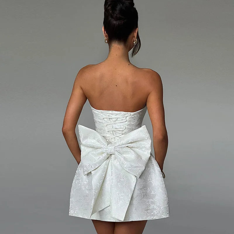 Sexy Backless Bow Mini Dress for Women - Off Shoulder Strapless Sleeveless Bodycon Party Club Dress | Elegant Night Out, Date Night, Cocktail Party, Summer Vacation Outfit