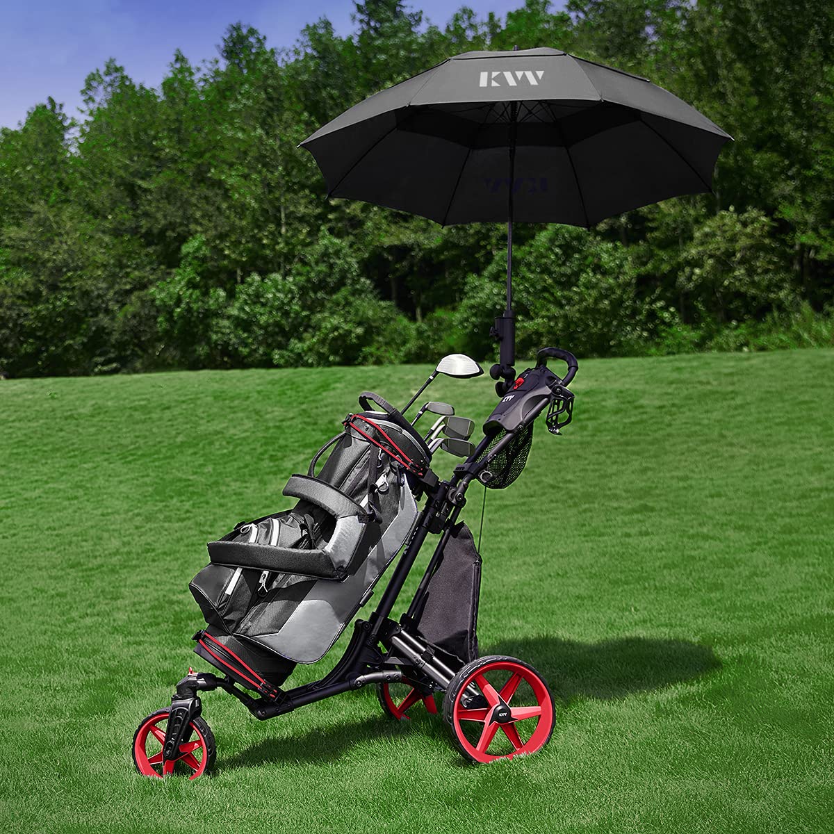 KVV 3-Wheel 360° Rotating Golf Push Cart - One-Second Quick Fold & Free Umbrella Holder | Lightweight Golf Caddy for Men & Women | Perfect for Golf Courses, Driving Ranges & Outdoor Practice