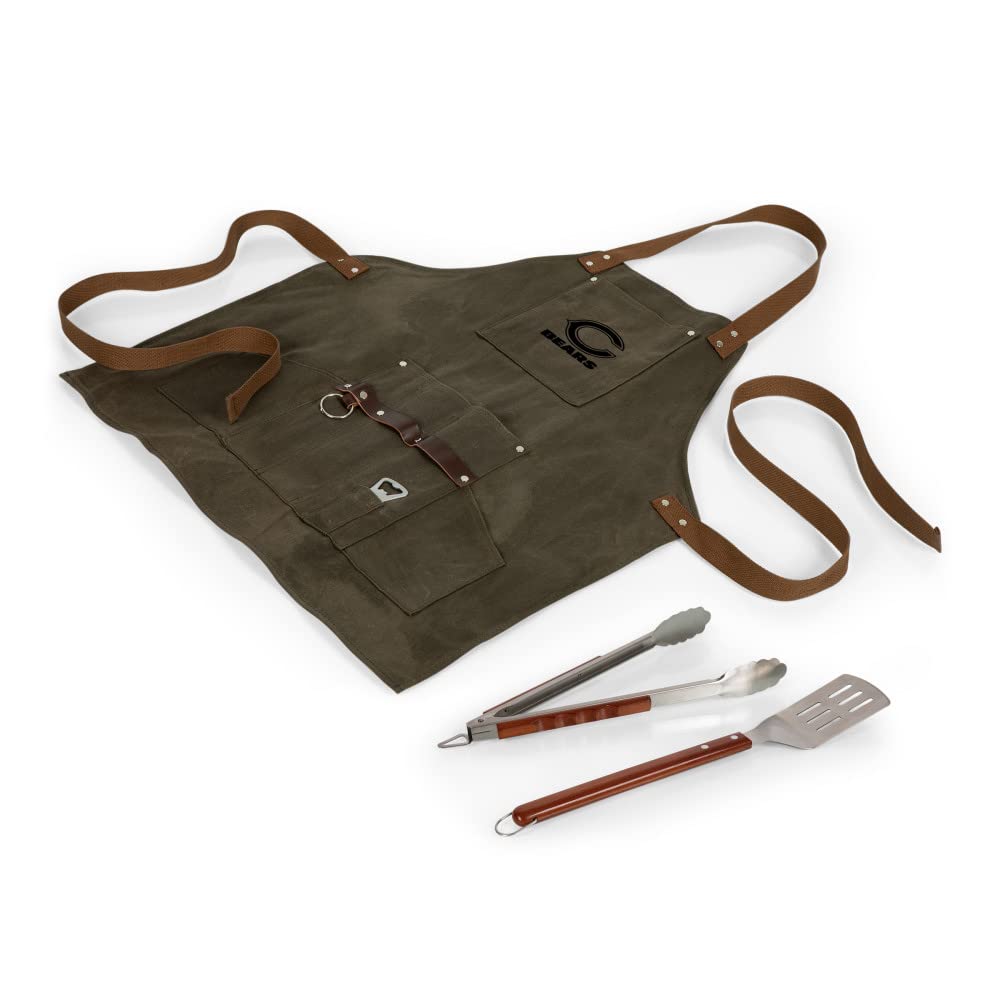 **PICNIC TIME NFL BBQ Apron with Tools & Bottle Opener - Khaki Green with Beige Accents - Perfect for Tailgating, Grilling & Game Day Parties**