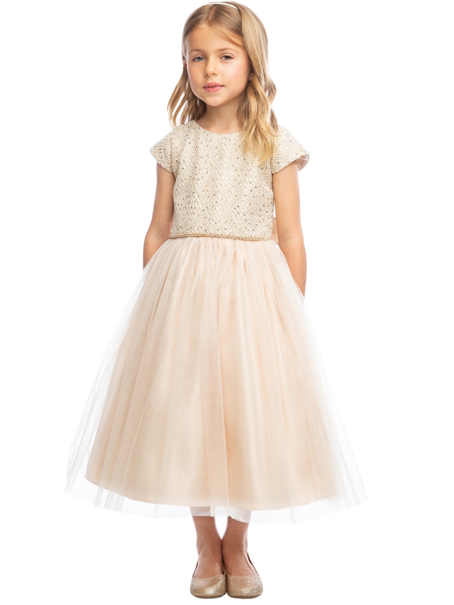 Big Girls Champagne Jeweled Tulle Skirt Christmas Party Dress Sizes 7-16 | Elegant Holiday Outfit for Pageants, Photos & Special Occasions