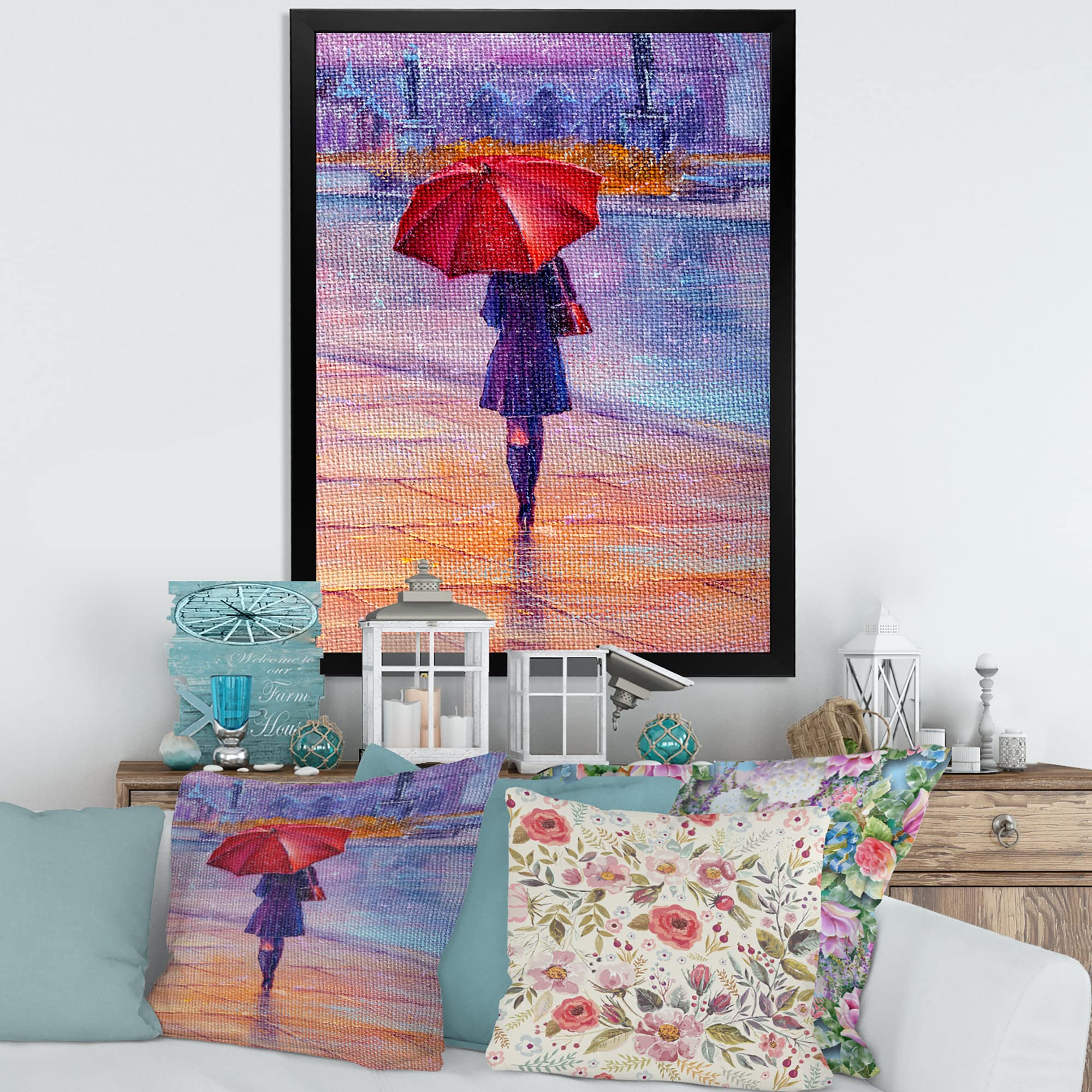 DesignQ French Country Framed Wall Art - Woman Walking with Red Umbrella in Rain - Perfect for Living Room, Bedroom & Office Decor