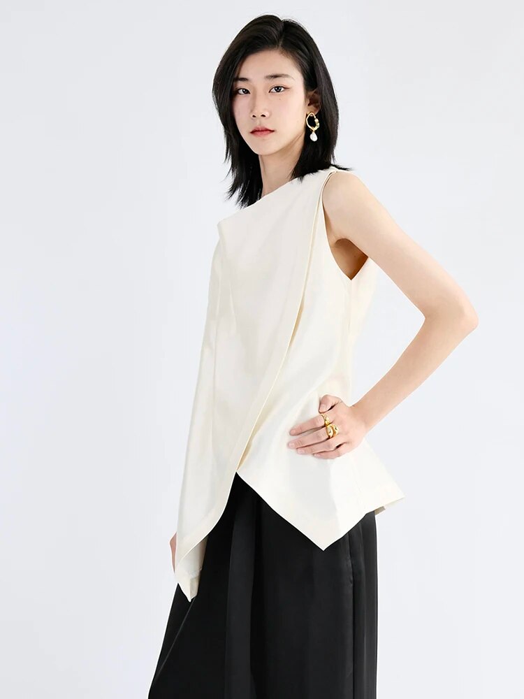 Women's Asymmetrical Round Neck Sleeveless Patchwork Vest - Summer Fashion Solid Color Layering Piece for Casual Outfits & Office Wear