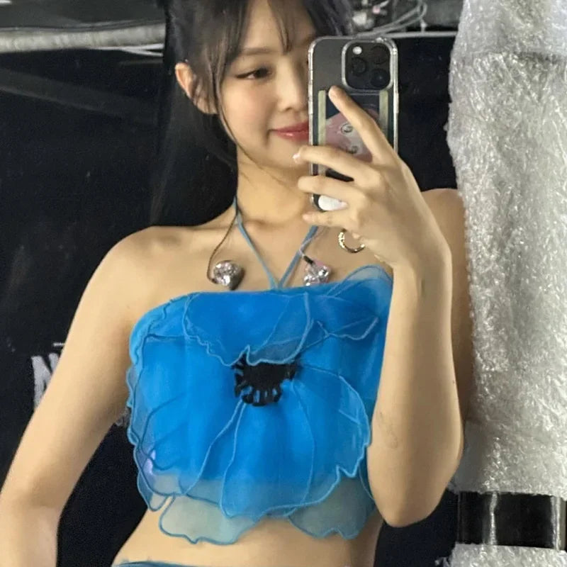 3D Floral Appliques Halter Top - Korean Fashion Summer Clothes for Women, Sexy Backless Crop Tops, Camisoles | Perfect for Beach Vacations, Music Festivals & Date Nights (Style P85 BG10)