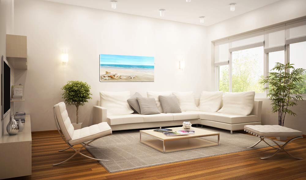Beach Wall Art Decor - Ocean Painting Canvas Print with Starfish & Seashells on Sandy Shore | Ready to Hang Living Room, Bedroom & Office Decor | Coastal Home Decoration for Beach House & Vacation Rental