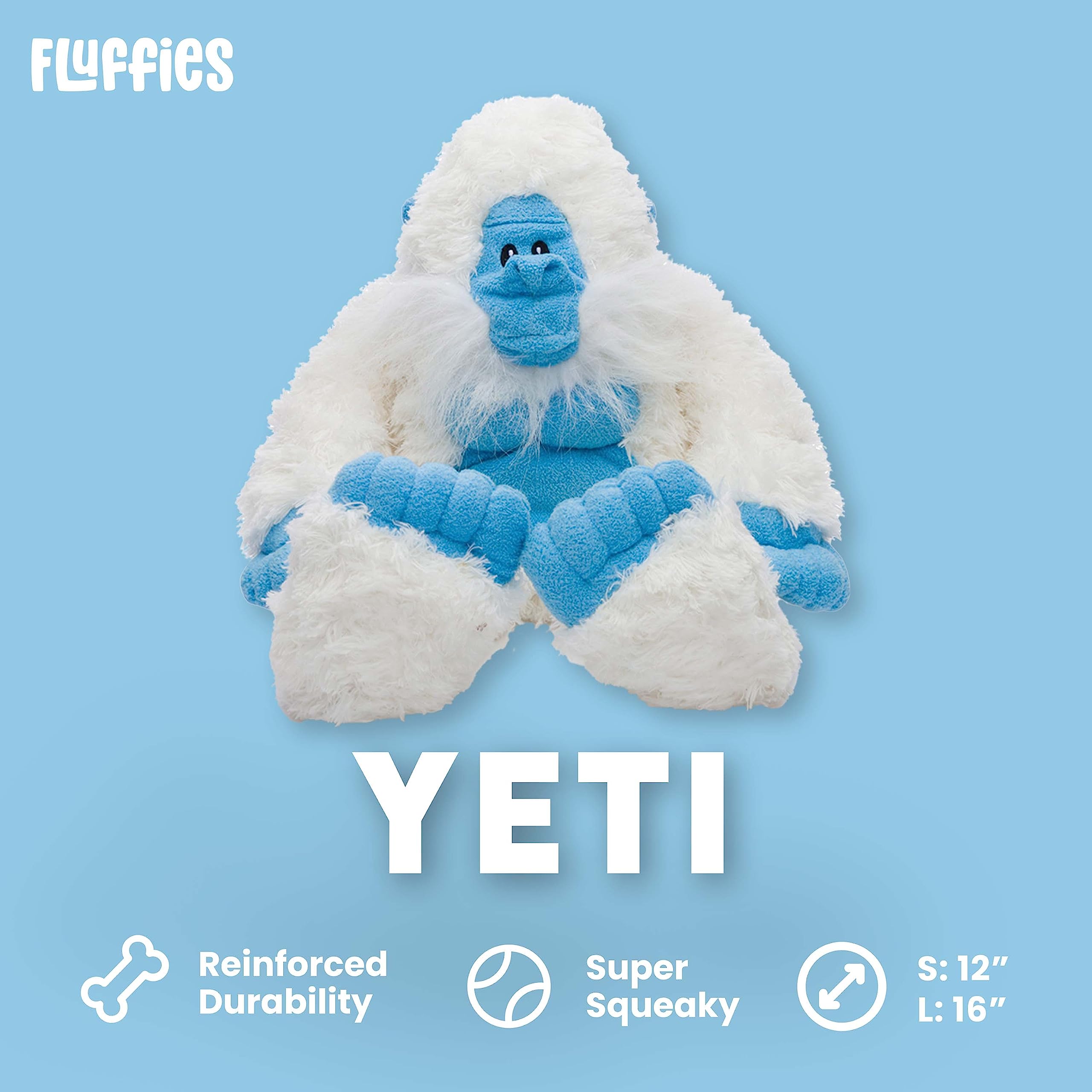 FabDog Fluffies Squeaky Plush Dog Toys - Cute Animal-Themed Chew Toys for Small, Medium & Large Breeds - Durable Nylon Puppy Toys with Squeaker for Playtime & Training - Perfect Gift for Pet Lovers (Yeti Design) | Great for Indoor Play, Outdoor Fetch & Cuddling
